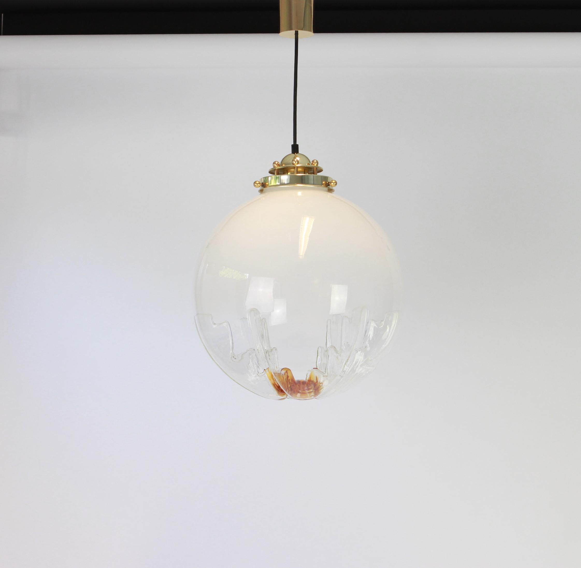 Ceiling light with large volcanic Murano crystal glass dome on golden aluminum base. 
Wonderful light effect.
High quality and in very good condition. Cleaned, well-wired and ready to use. 
The fixture requires 1 x E27 Standard bulbs with 100W max