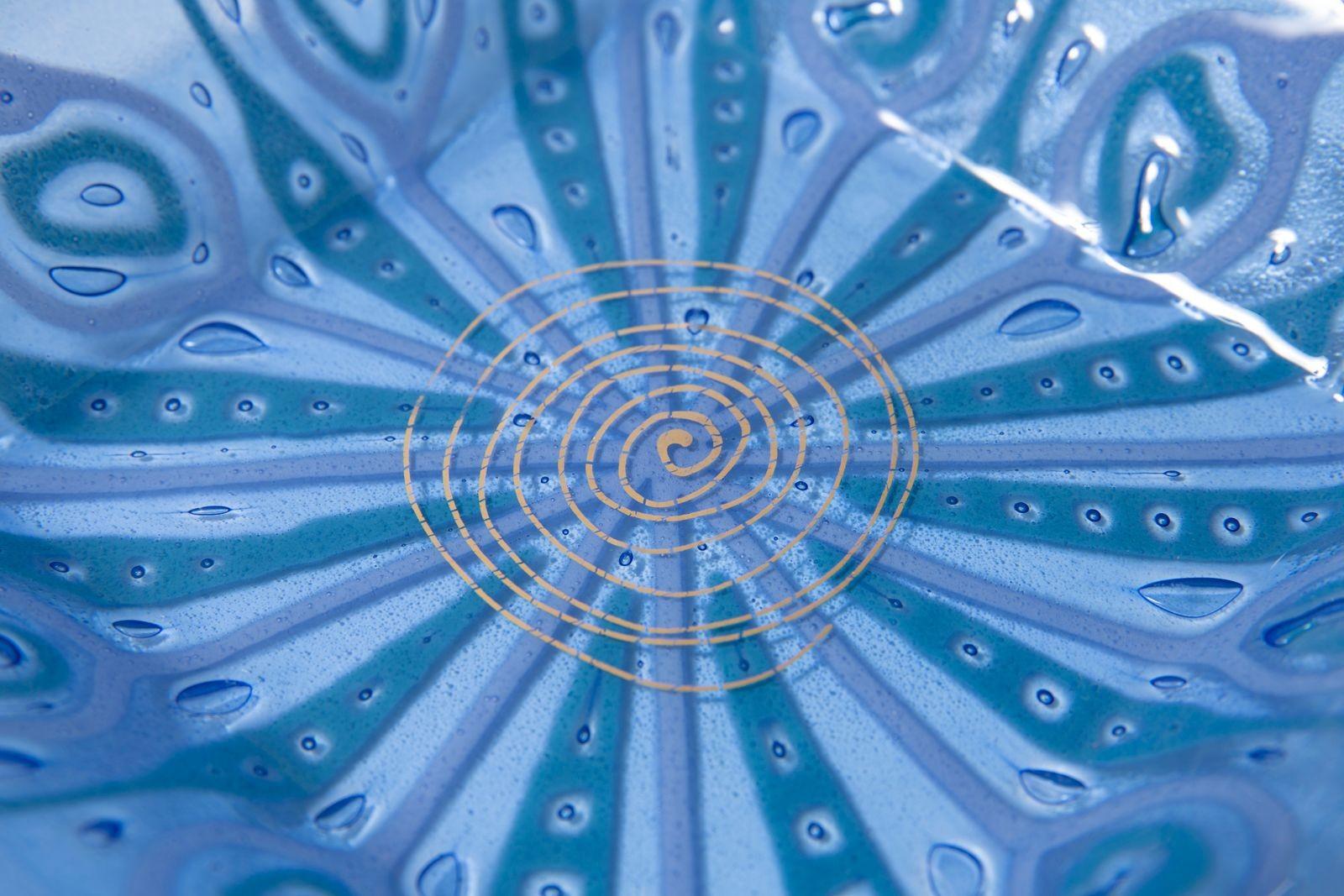 Art Glass Large Sqaure Dish Peacock Feather Design by Michael & Frances Higgins For Sale