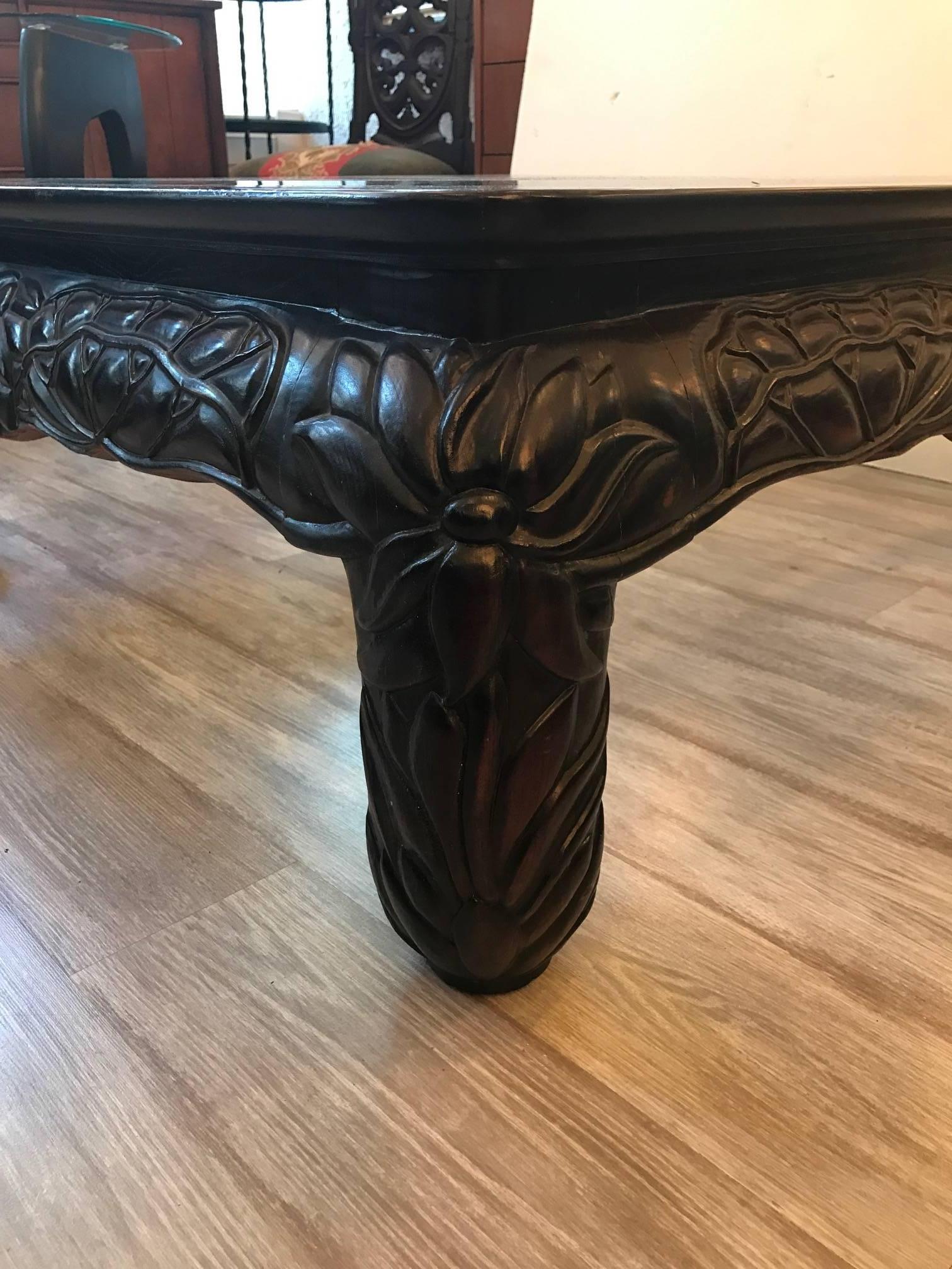 American Large Square Asian Style Hand Carved Coffee Table