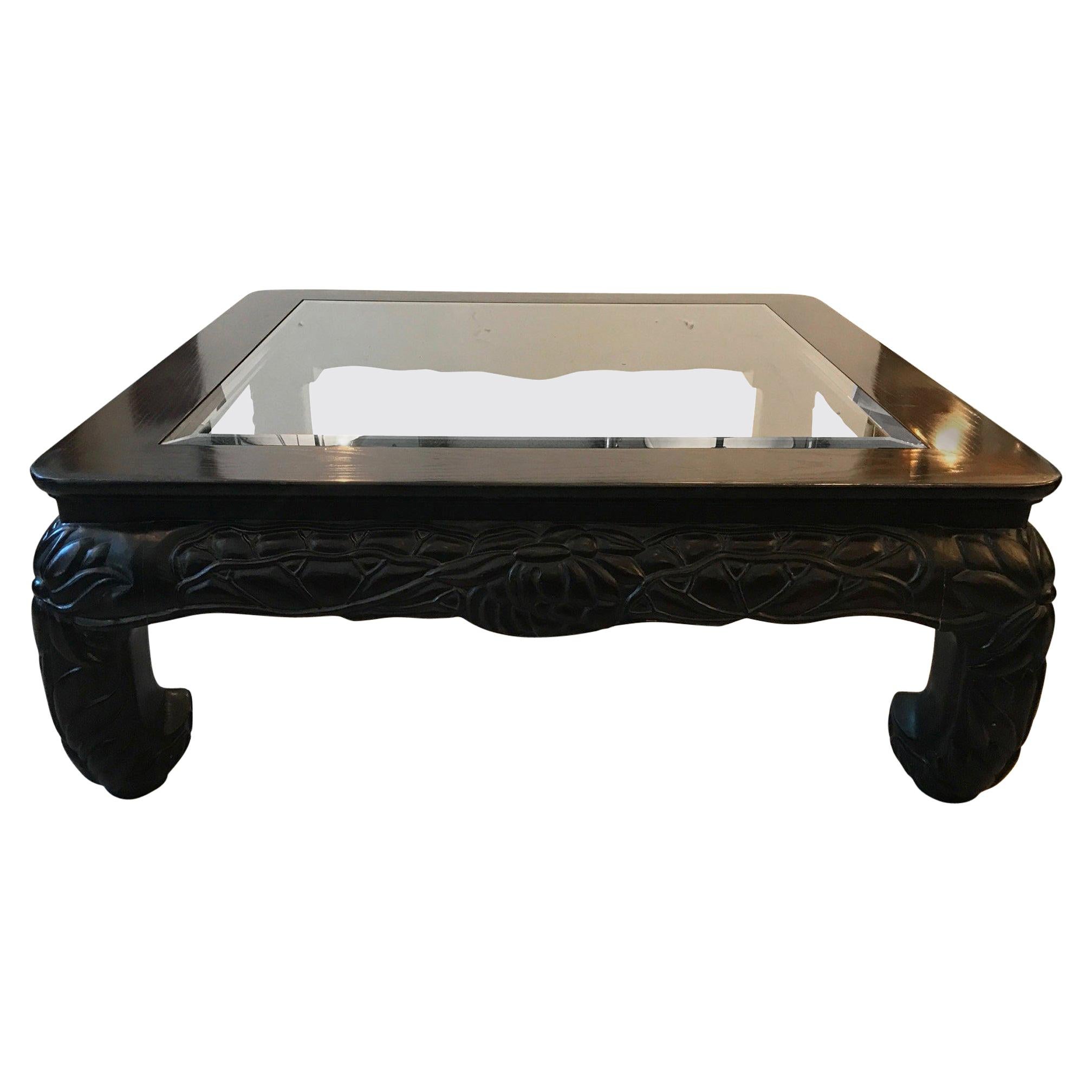 Large Square Asian Style Hand Carved Coffee Table
