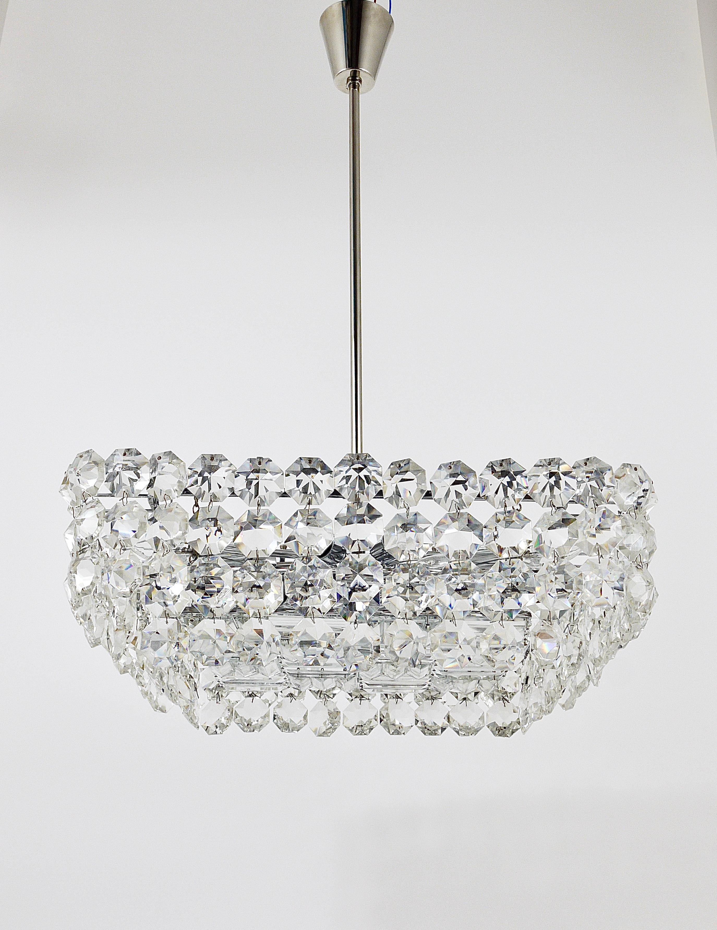 Brass Large Square Bakalowits Chandelier with Diamond-Shaped Crystals, Austria, 1950s For Sale