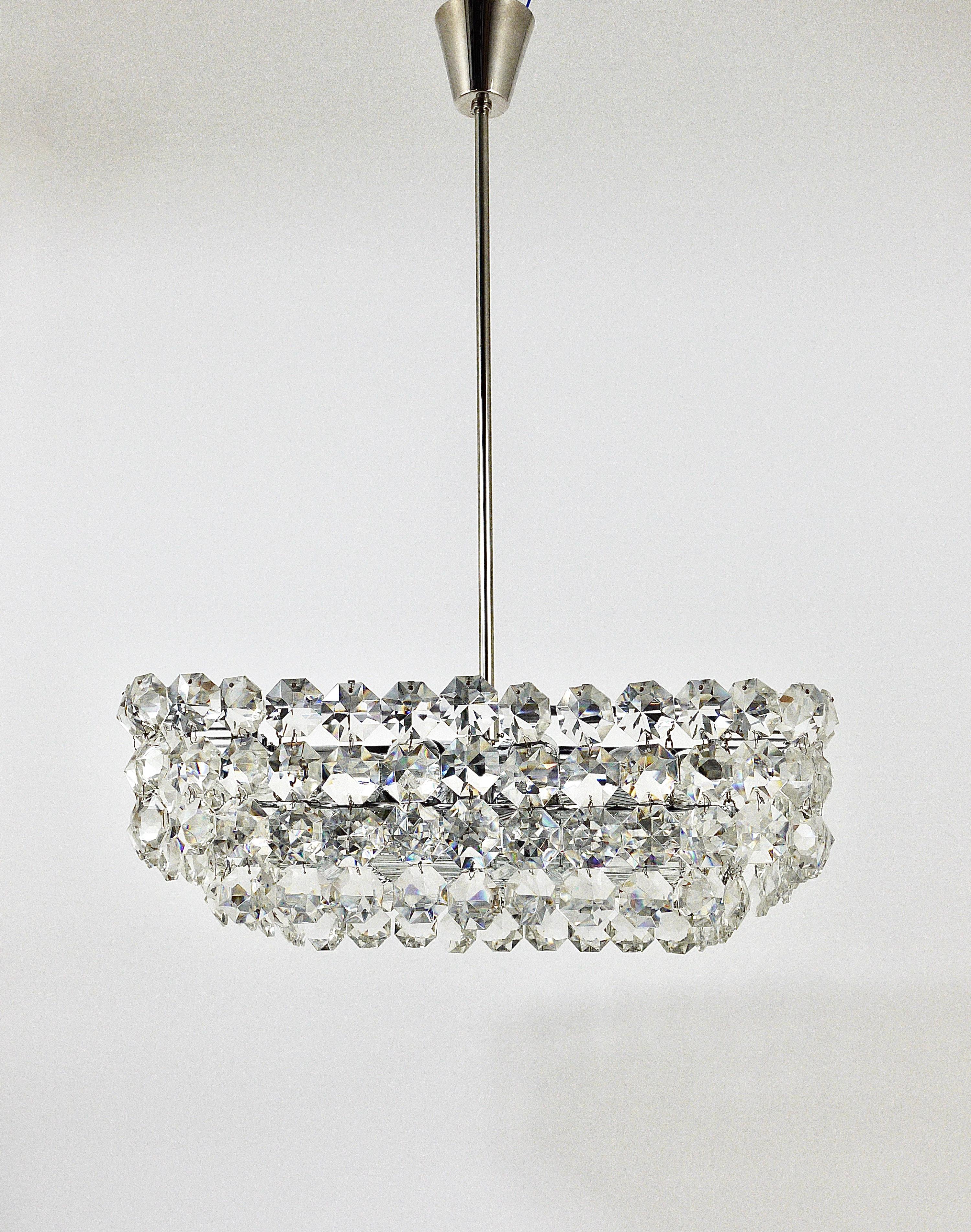 Large Square Bakalowits Chandelier with Diamond-Shaped Crystals, Austria, 1950s For Sale 2