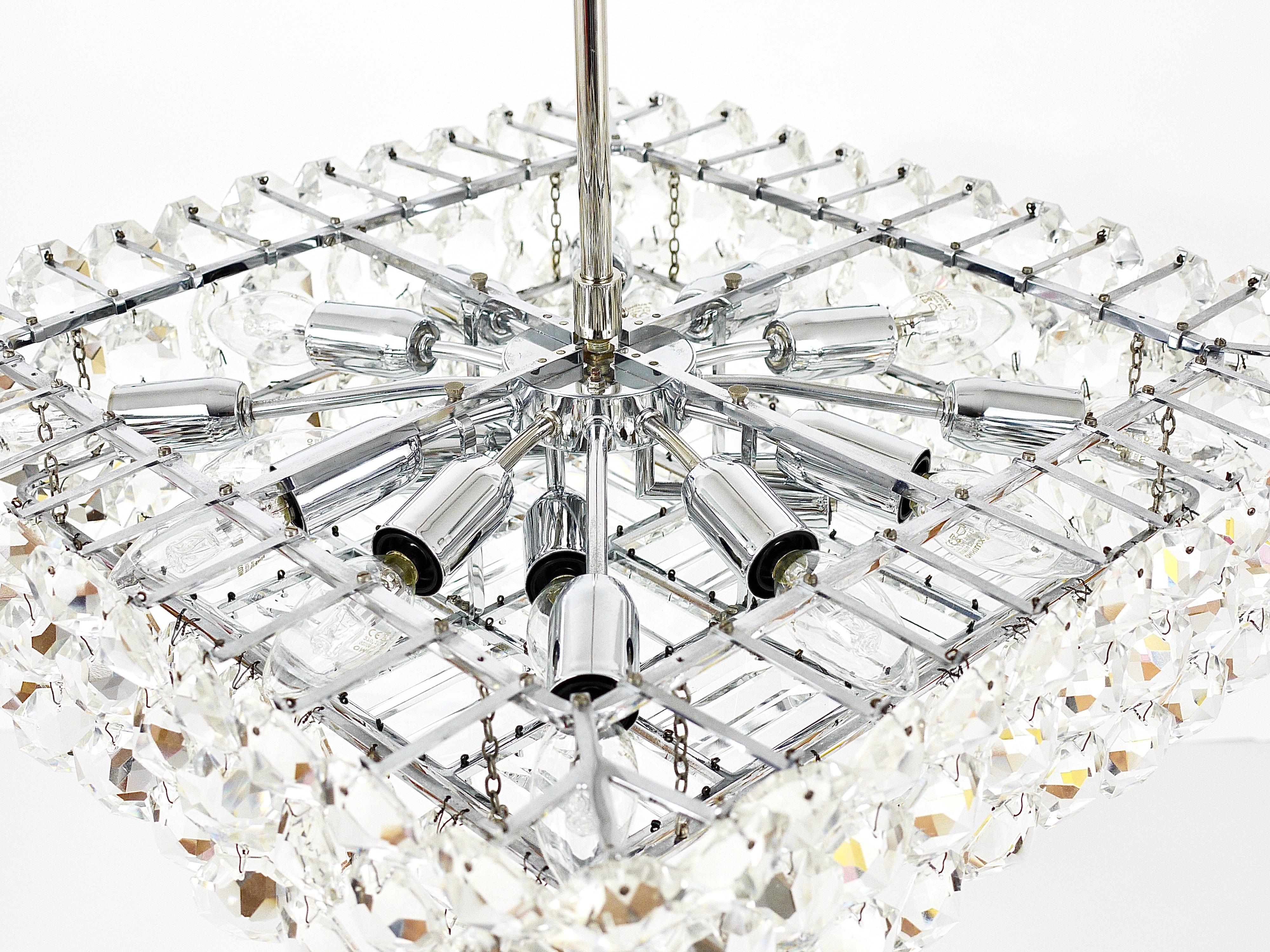 Large Square Bakalowits Chandelier with Diamond-Shaped Crystals, Austria, 1950s For Sale 5