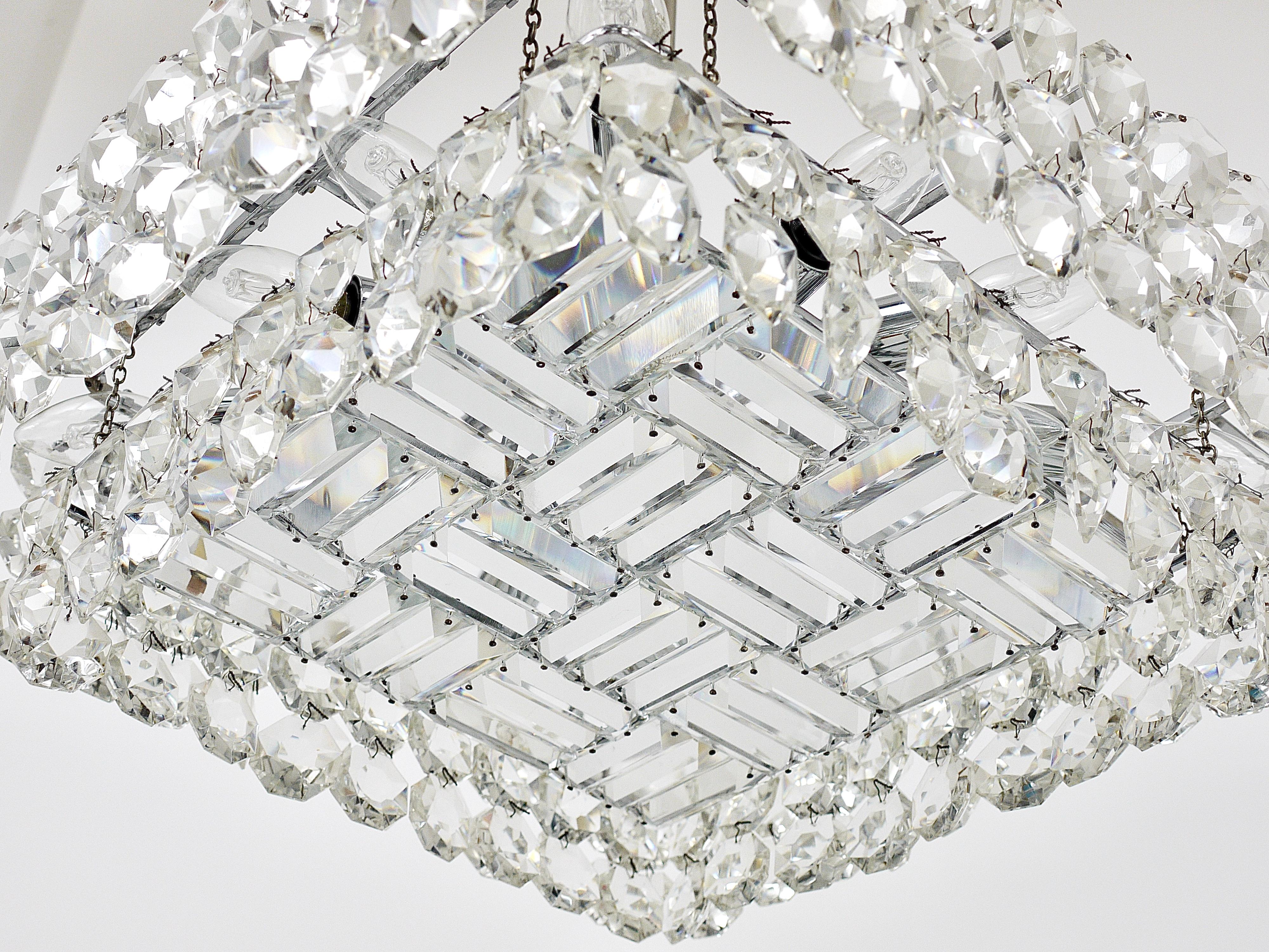 Large Square Bakalowits Chandelier with Diamond-Shaped Crystals, Austria, 1950s For Sale 6