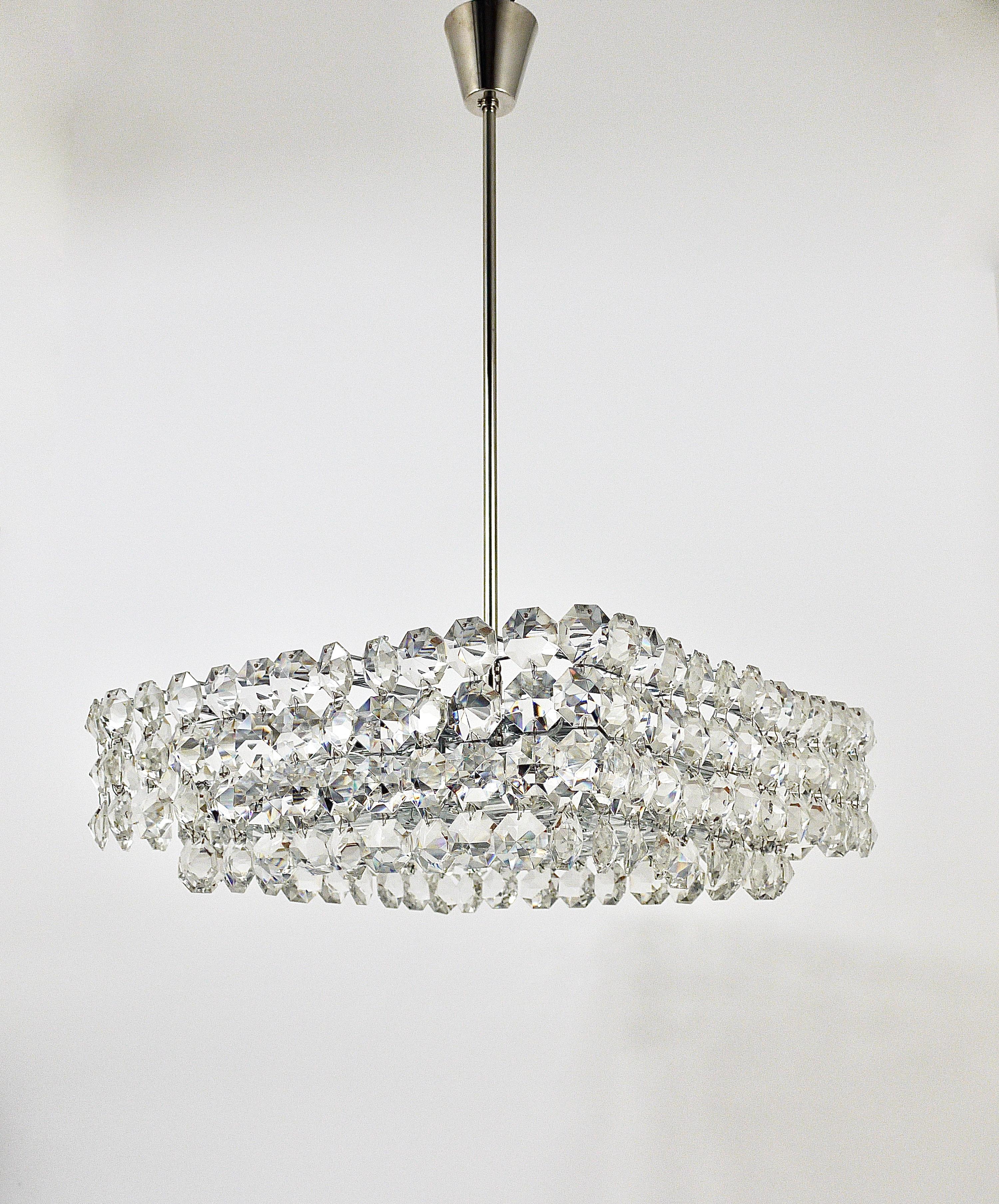 Large Square Bakalowits Chandelier with Diamond-Shaped Crystals, Austria, 1950s For Sale 7