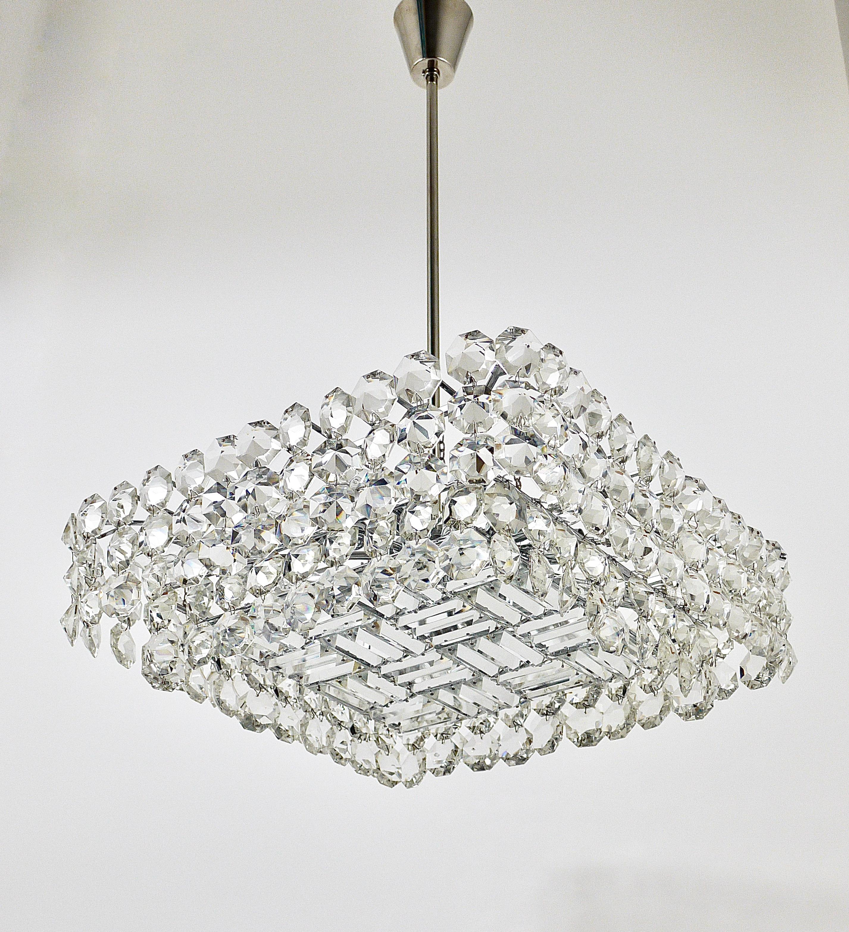 Large Square Bakalowits Chandelier with Diamond-Shaped Crystals, Austria, 1950s For Sale 8