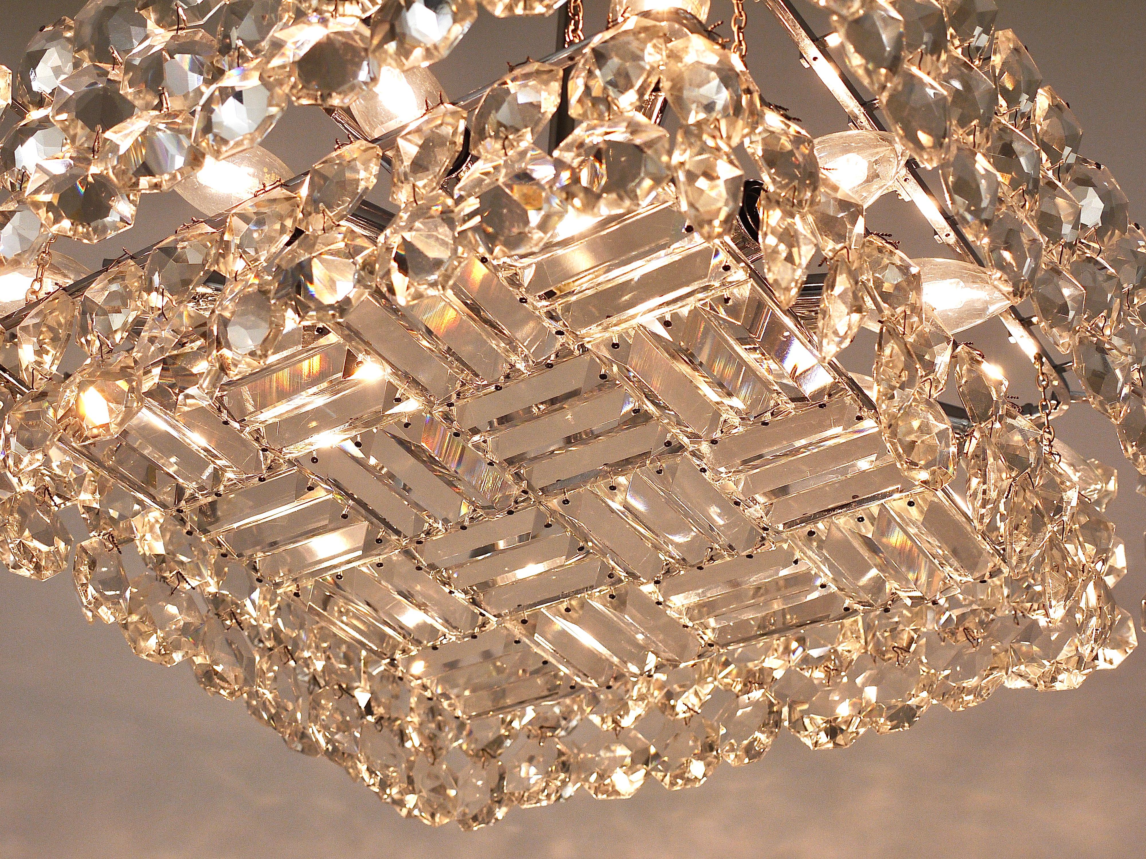 Large Square Bakalowits Chandelier with Diamond-Shaped Crystals, Austria, 1950s For Sale 10