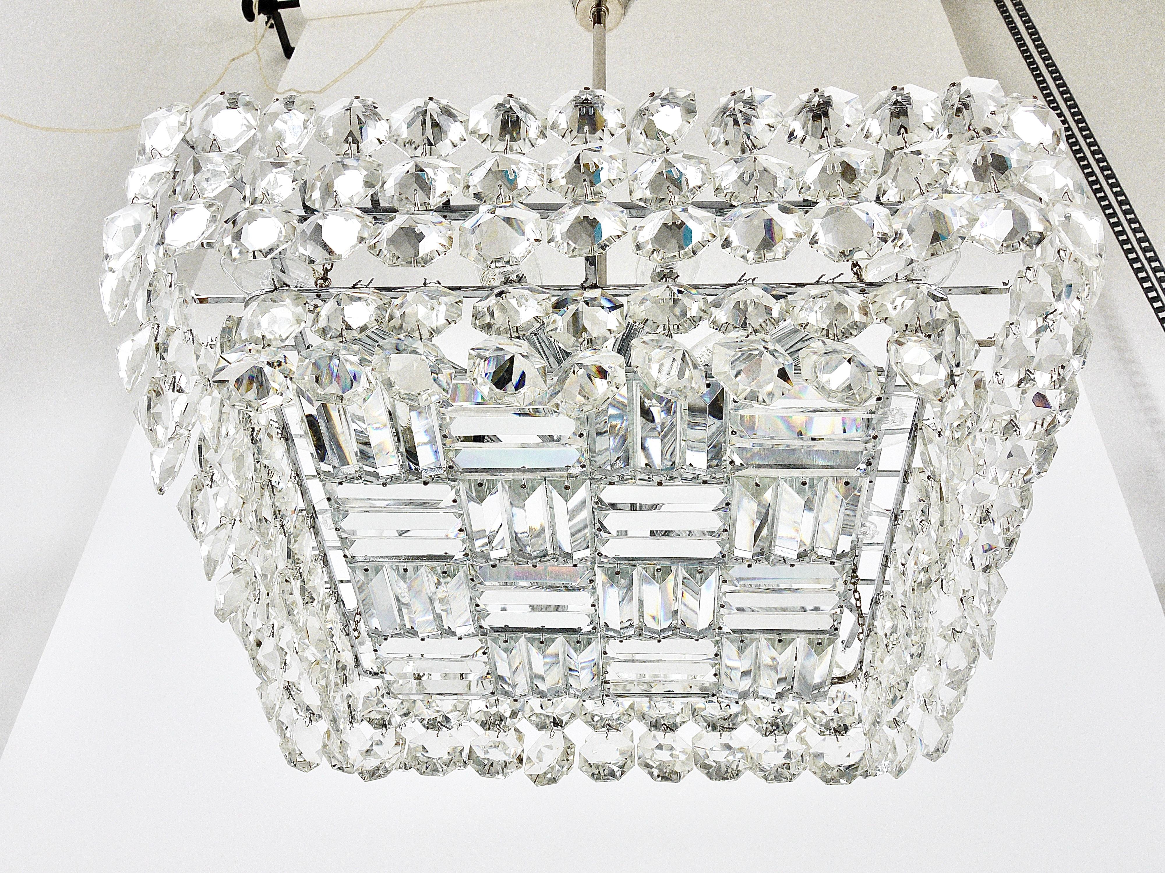 Mid-Century Modern Large Square Bakalowits Chandelier with Diamond-Shaped Crystals, Austria, 1950s For Sale