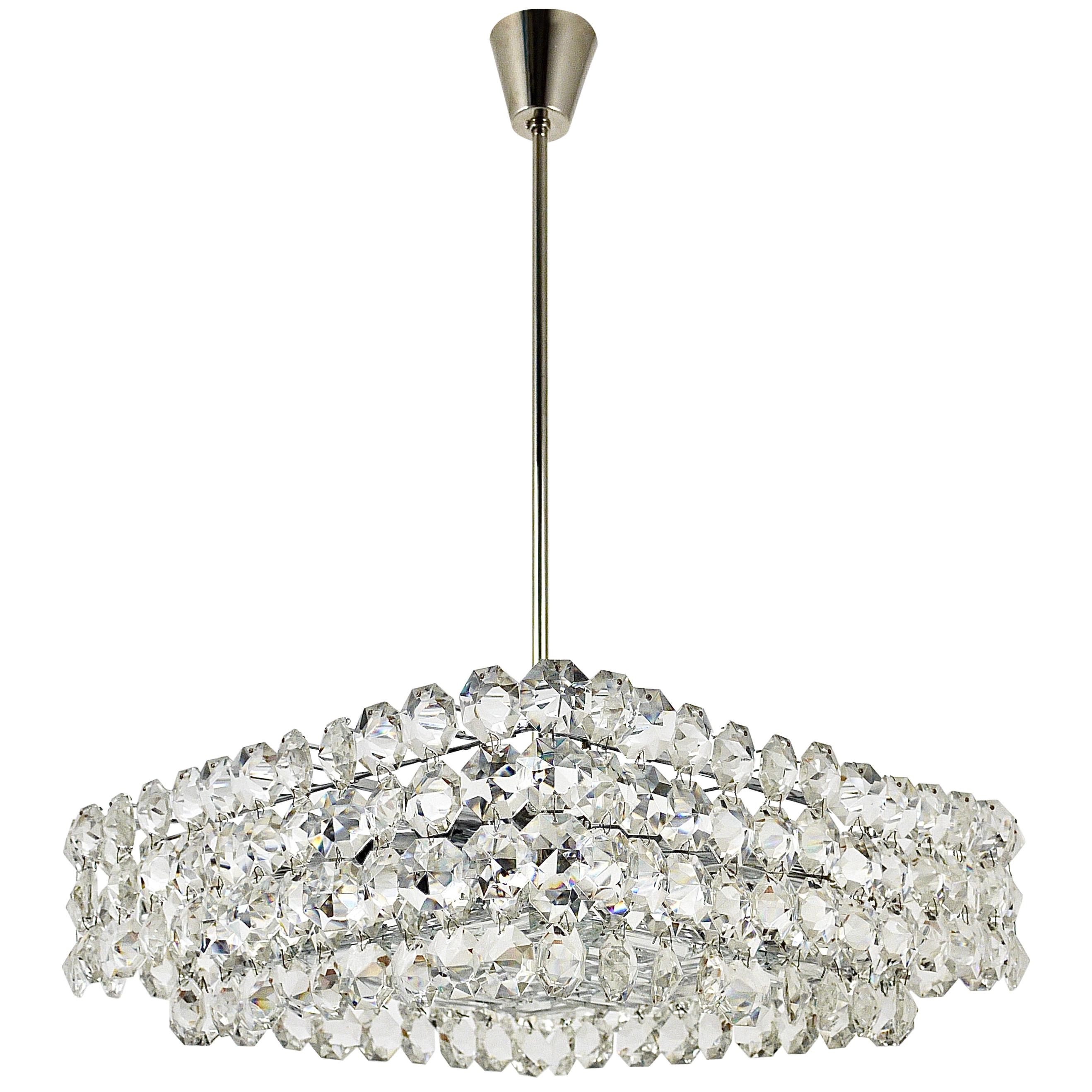 Large Square Bakalowits Chandelier with Diamond-Shaped Crystals, Austria, 1950s For Sale
