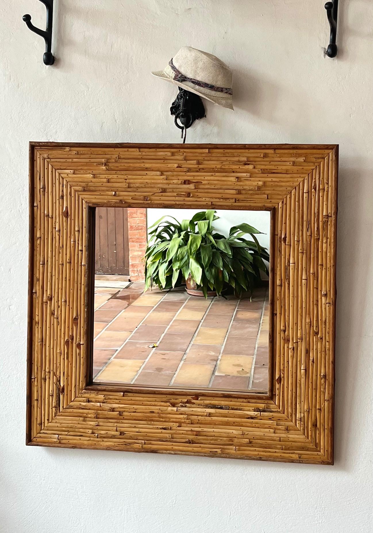 French large square bamboo mirror, France 1960's  For Sale