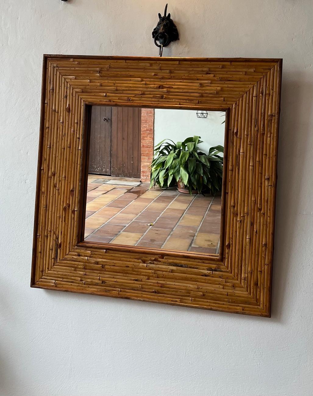 large square bamboo mirror, France 1960's  In Good Condition For Sale In Paris, Ile-de-France