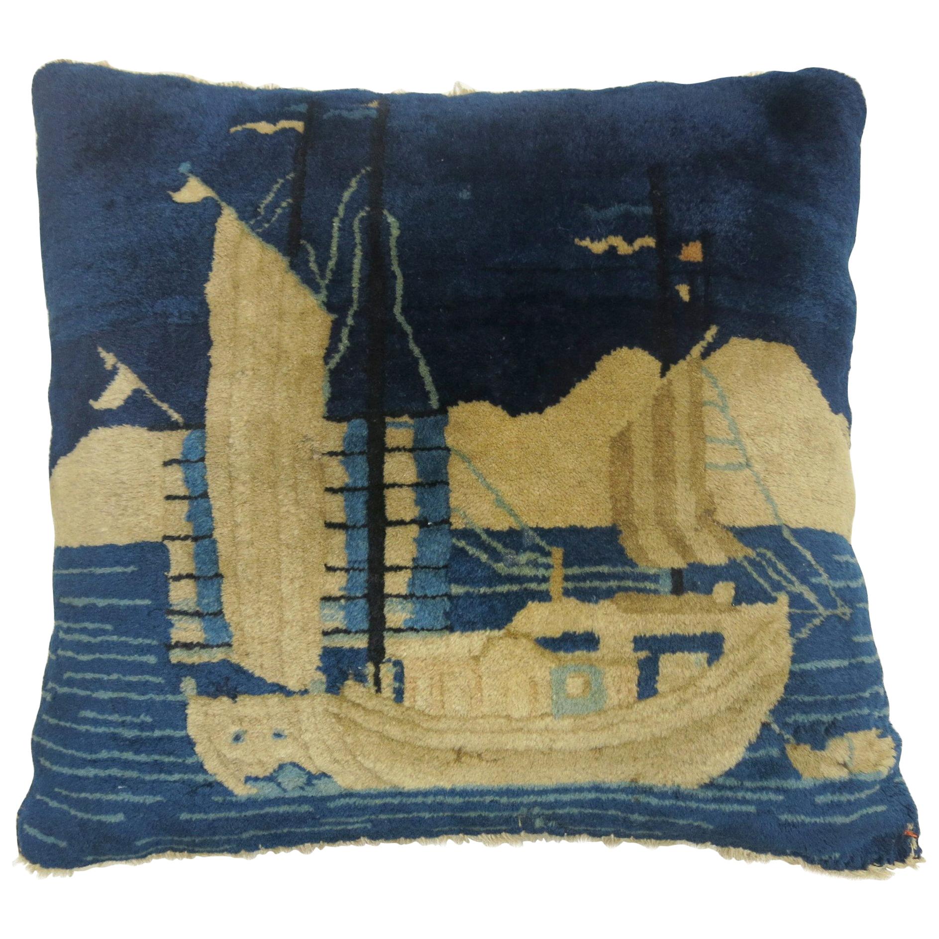 Large Square Blue Chinese Pictorial Sailboat Rug Pillow