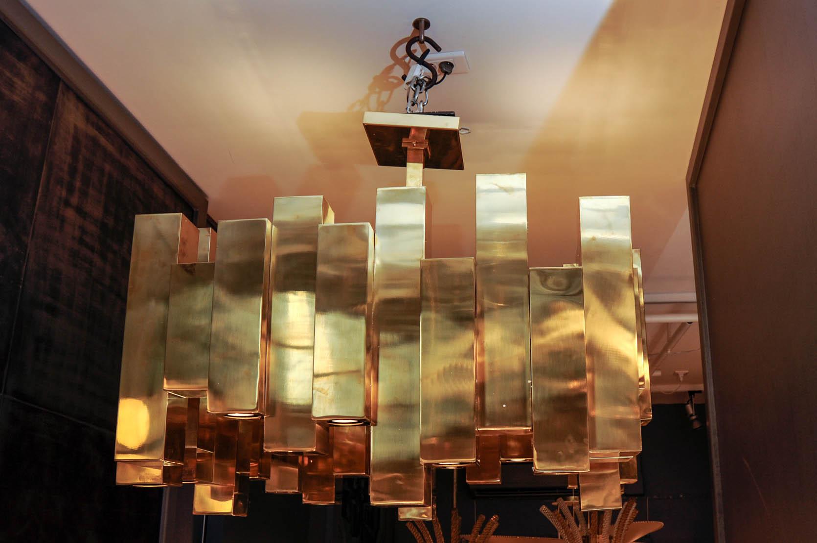 Italian Large Square Brass Chandelier by Glustin Luminaires