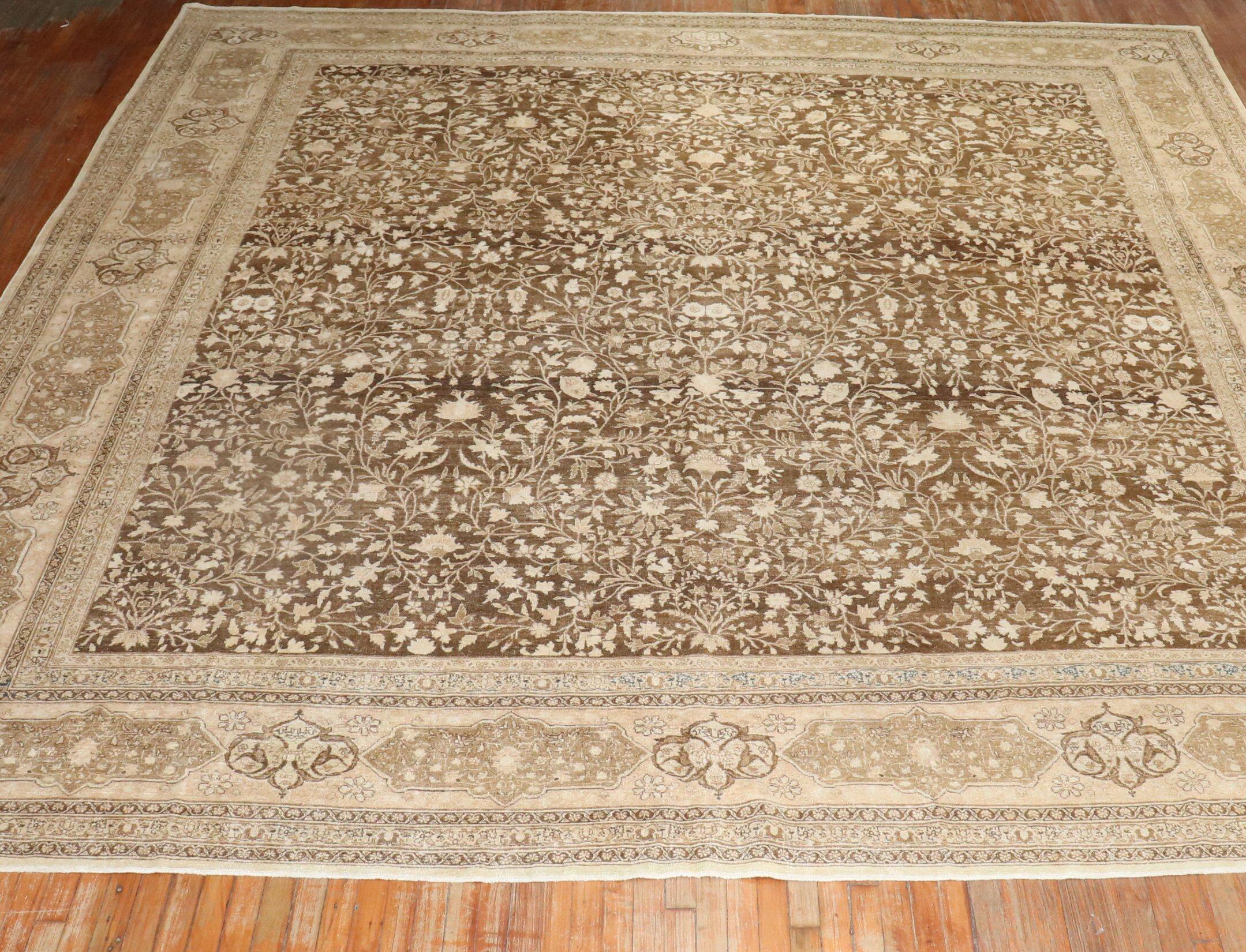 Large Square Brown Persian Tabriz Rug For Sale 9