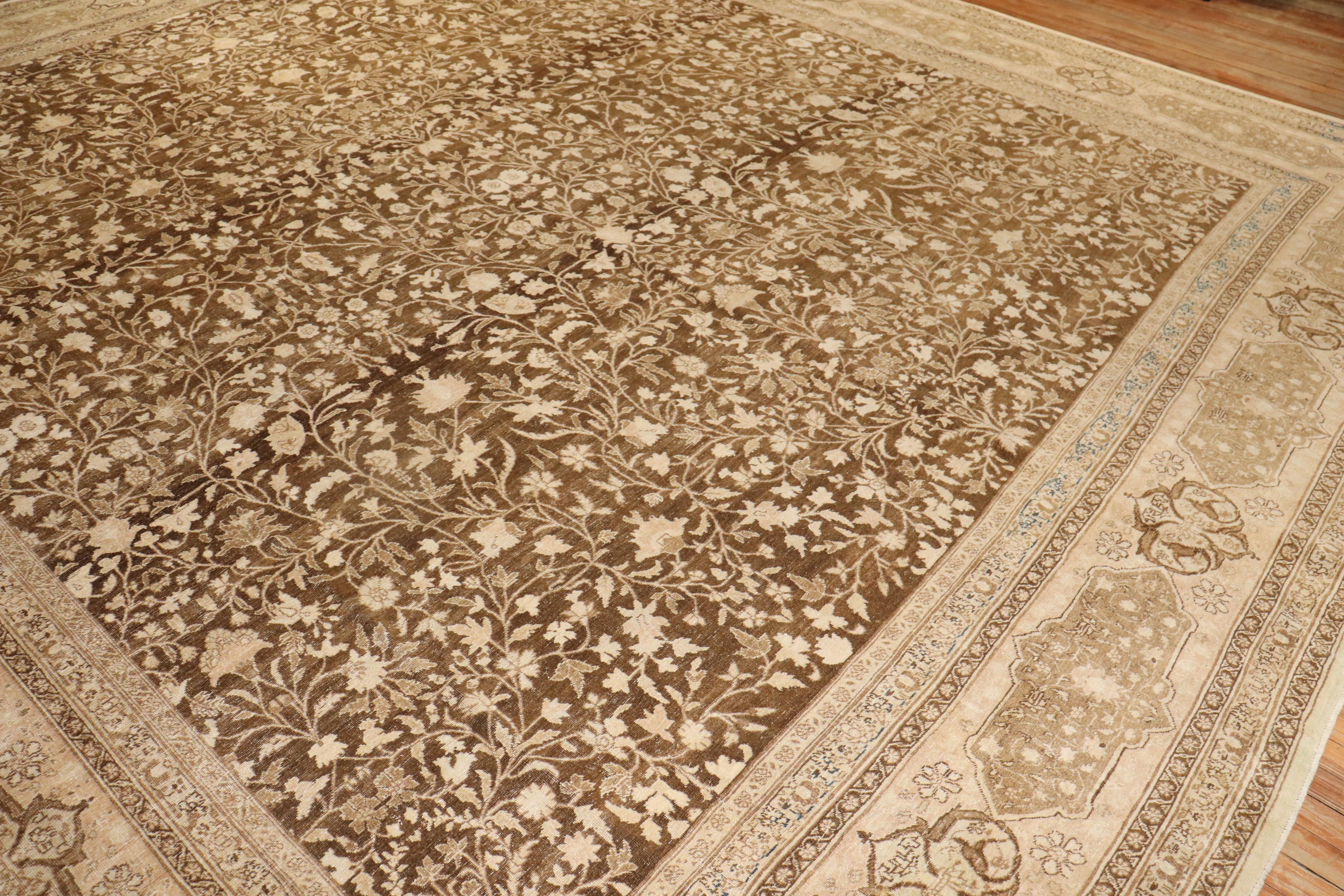 Large Square Brown Persian Tabriz Rug For Sale 12