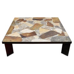 Large Square Brutalist Slate Stone Coffee Table, Netherlands, 1970s