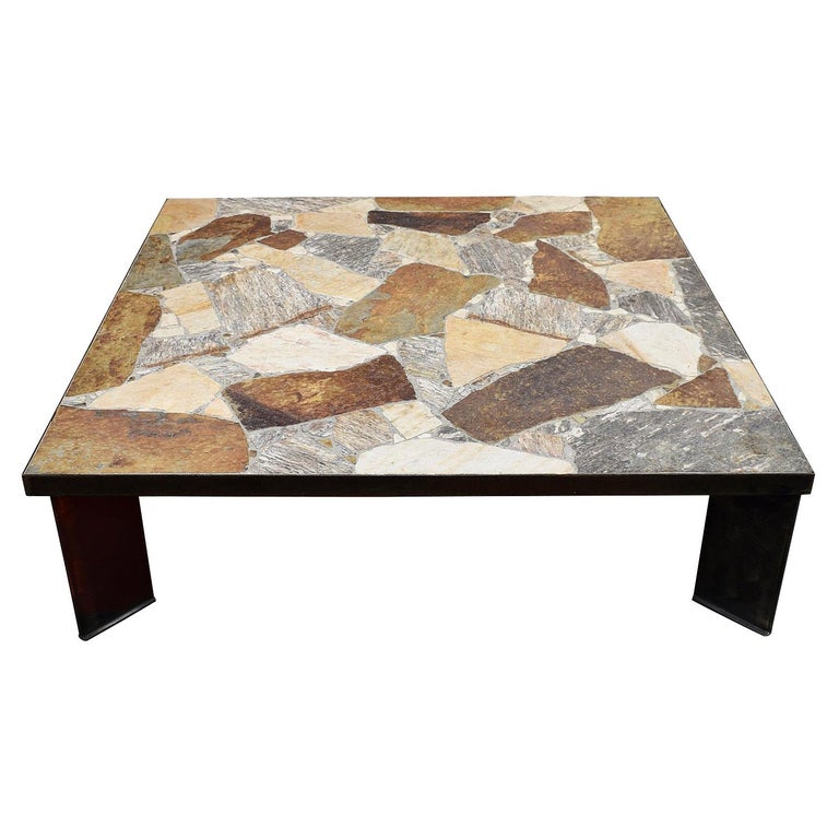 Large Square Brutalist Slate Stone Coffee Table, Netherlands, 1970s at