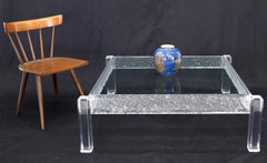 Large Square Carved Lucite Glass Top Coffee Table