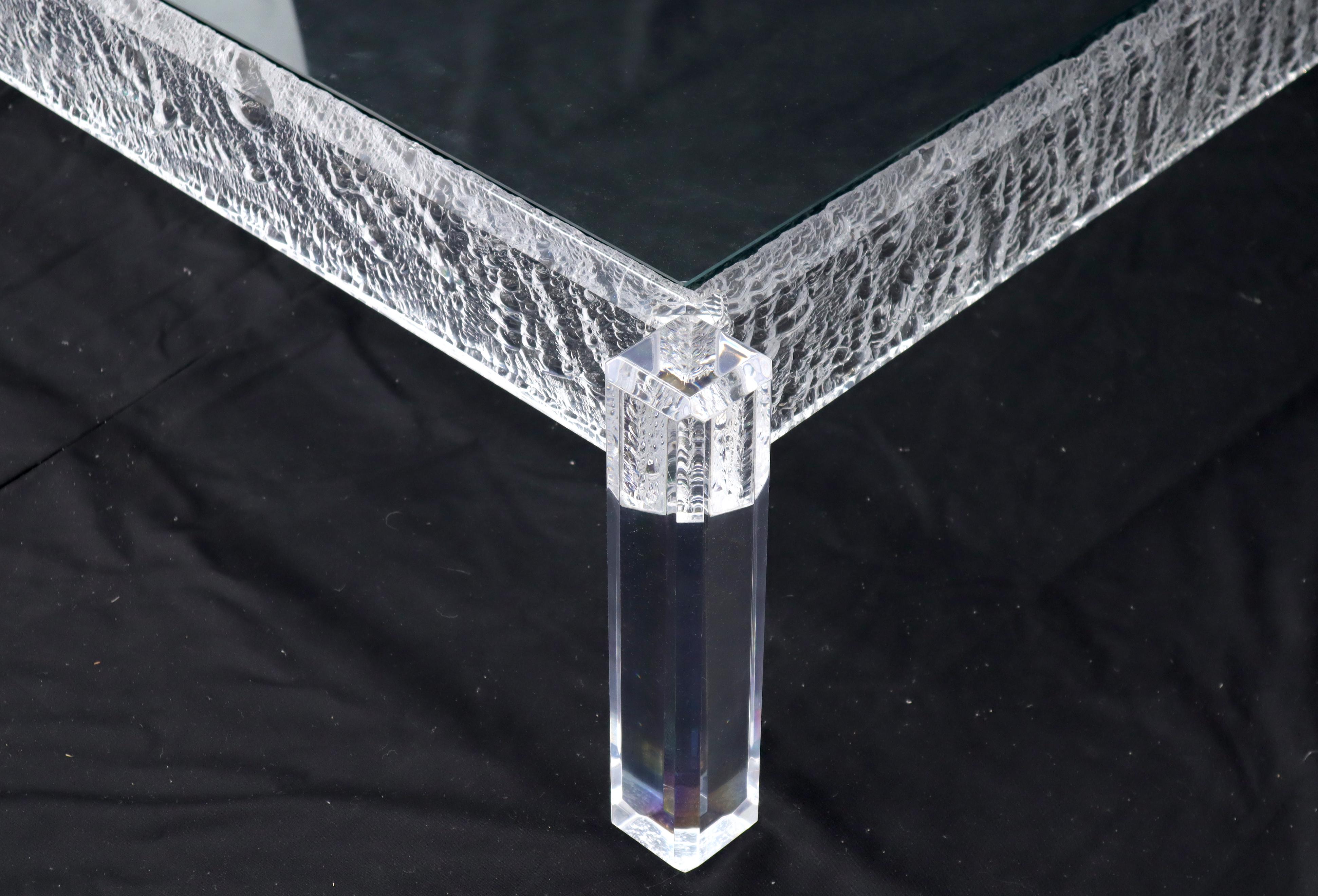 Large Square Carved Lucite Glass Top Coffee Table In Excellent Condition For Sale In Rockaway, NJ