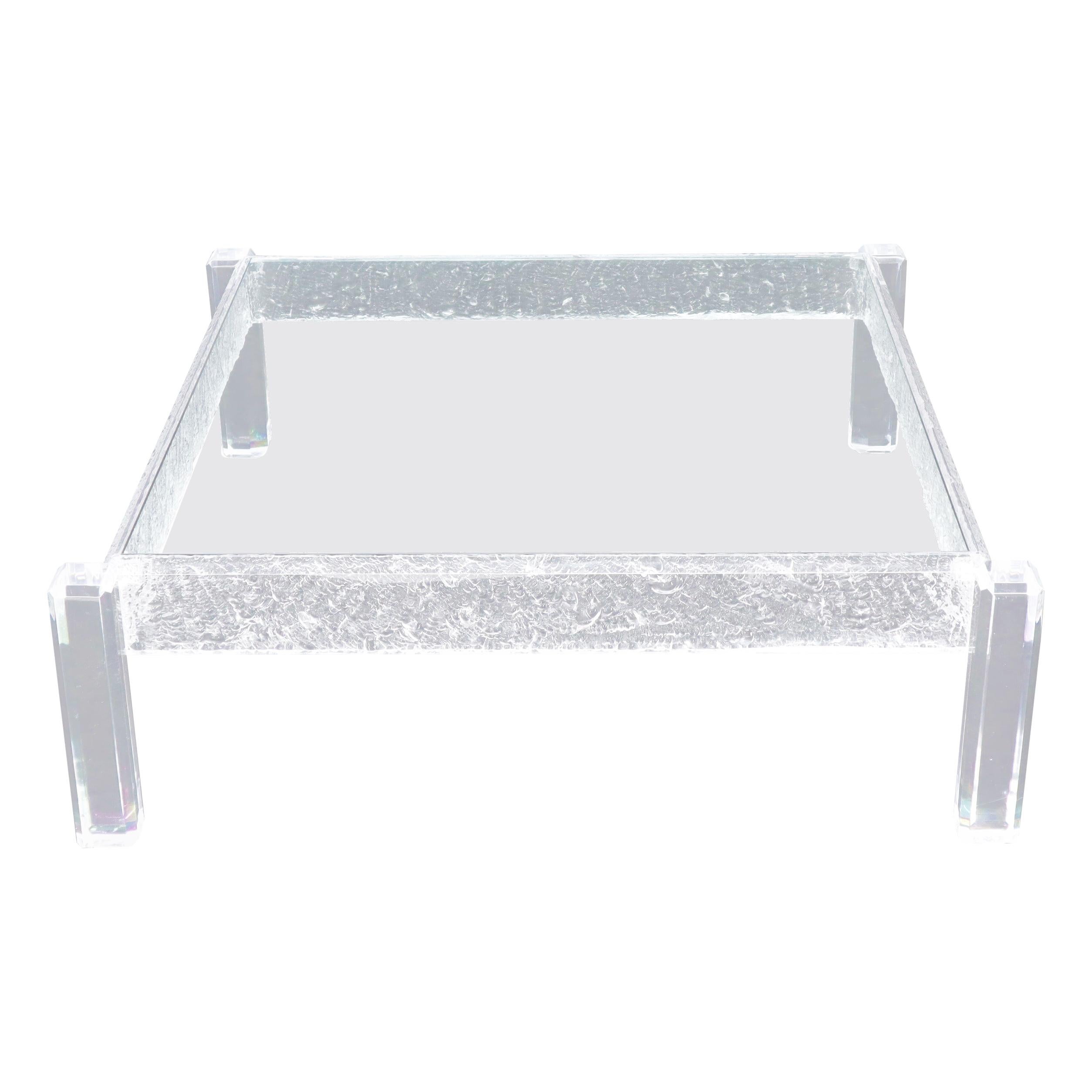 Large Square Carved Lucite Glass Top Coffee Table
