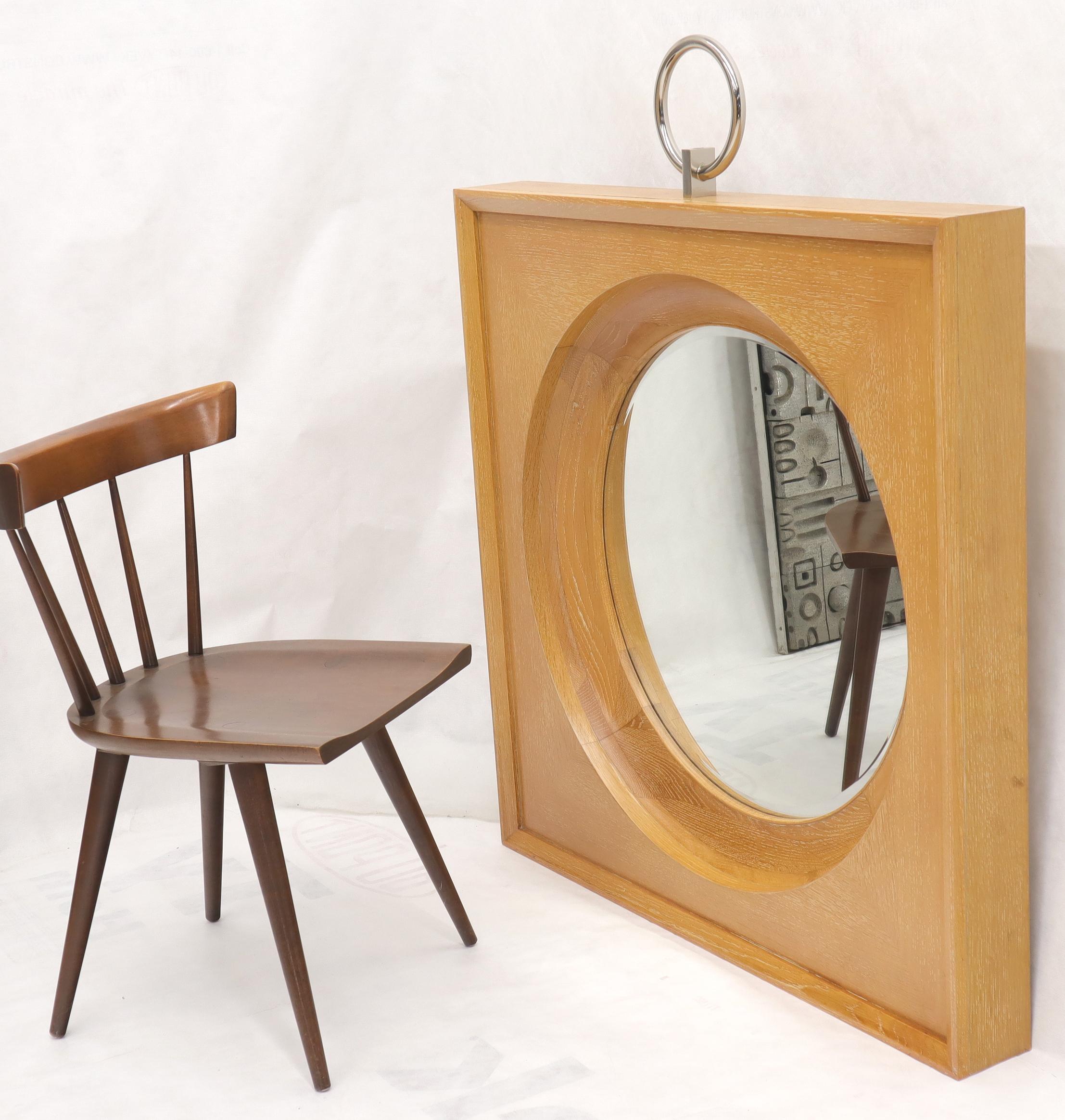 Nice cerused oak finish frame modern decorative wall mirror. Thick nearly 3 dimensional frame. Beautiful chrome ring finial.