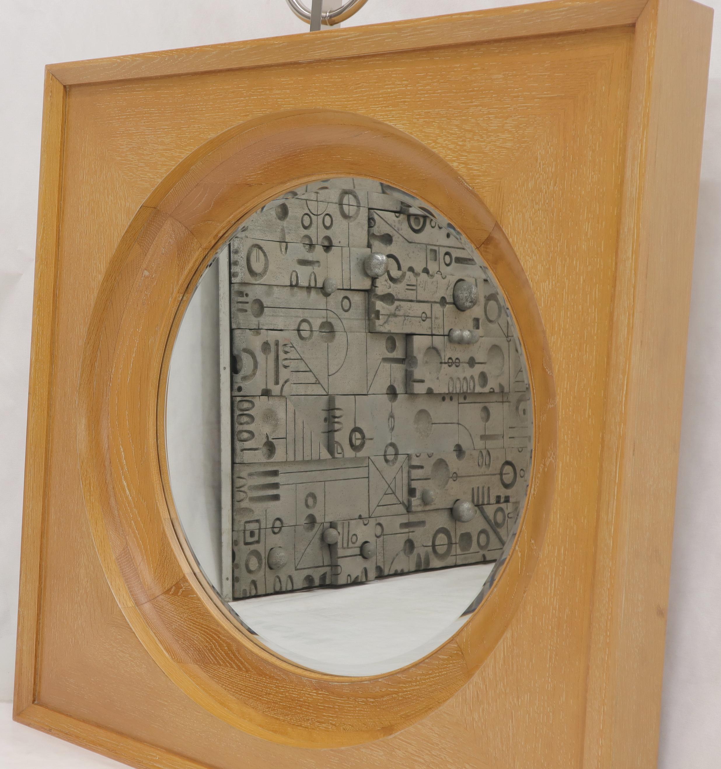 Mid-Century Modern Large Square Cerused Oak Frame Round Wall Mirror For Sale