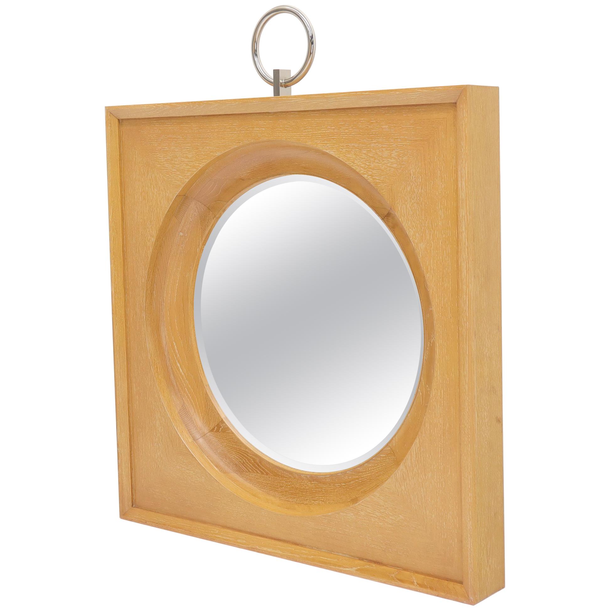 Large Square Cerused Oak Frame Round Wall Mirror For Sale