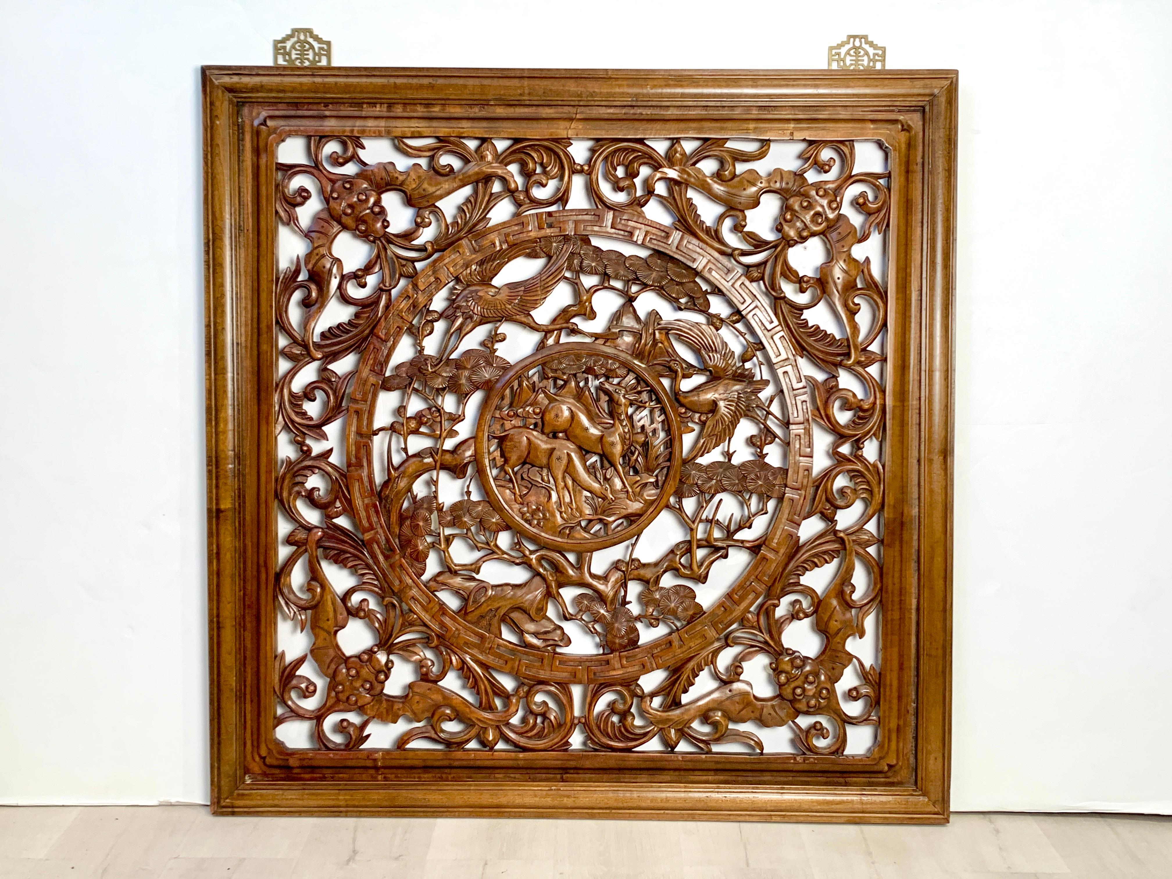 A large vintage Chinese camphor wood window screen panel, carved and pierced with longevity symbols, mid to late 20th century, China. 

The square framed carved camphor wood panel features a large roundel carved with a central image of a pair of