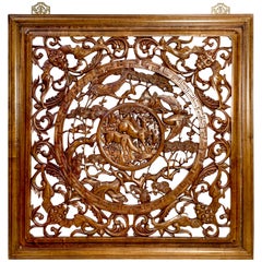 Large Square Chinese Carved Camphor Wood "Longevity" Screen Panel