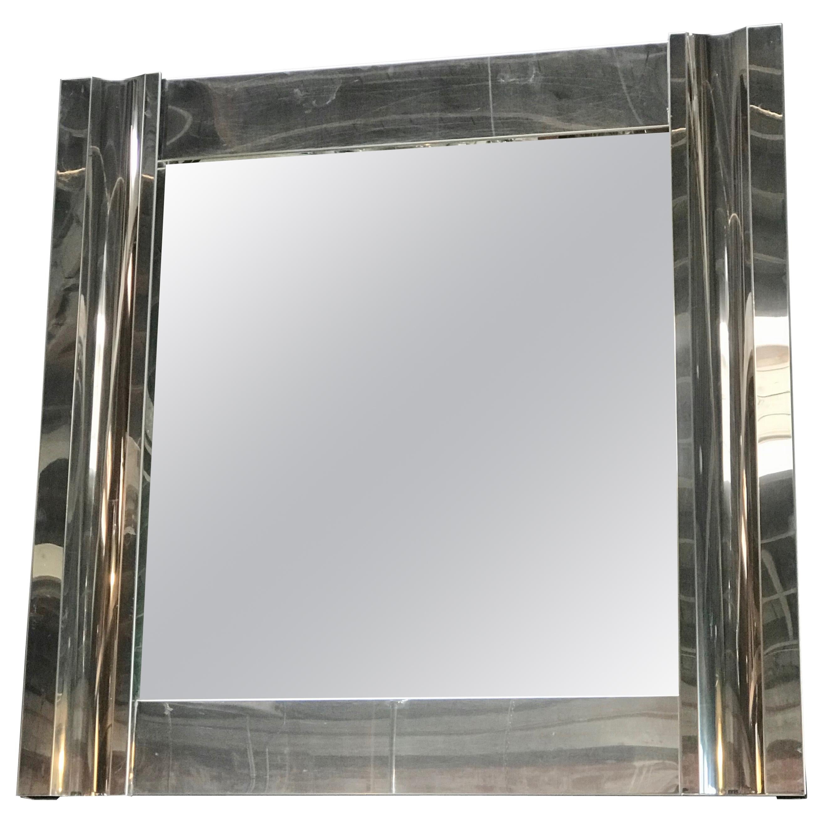 Large Square Chrome Wall Mirror, Italy, 1970s