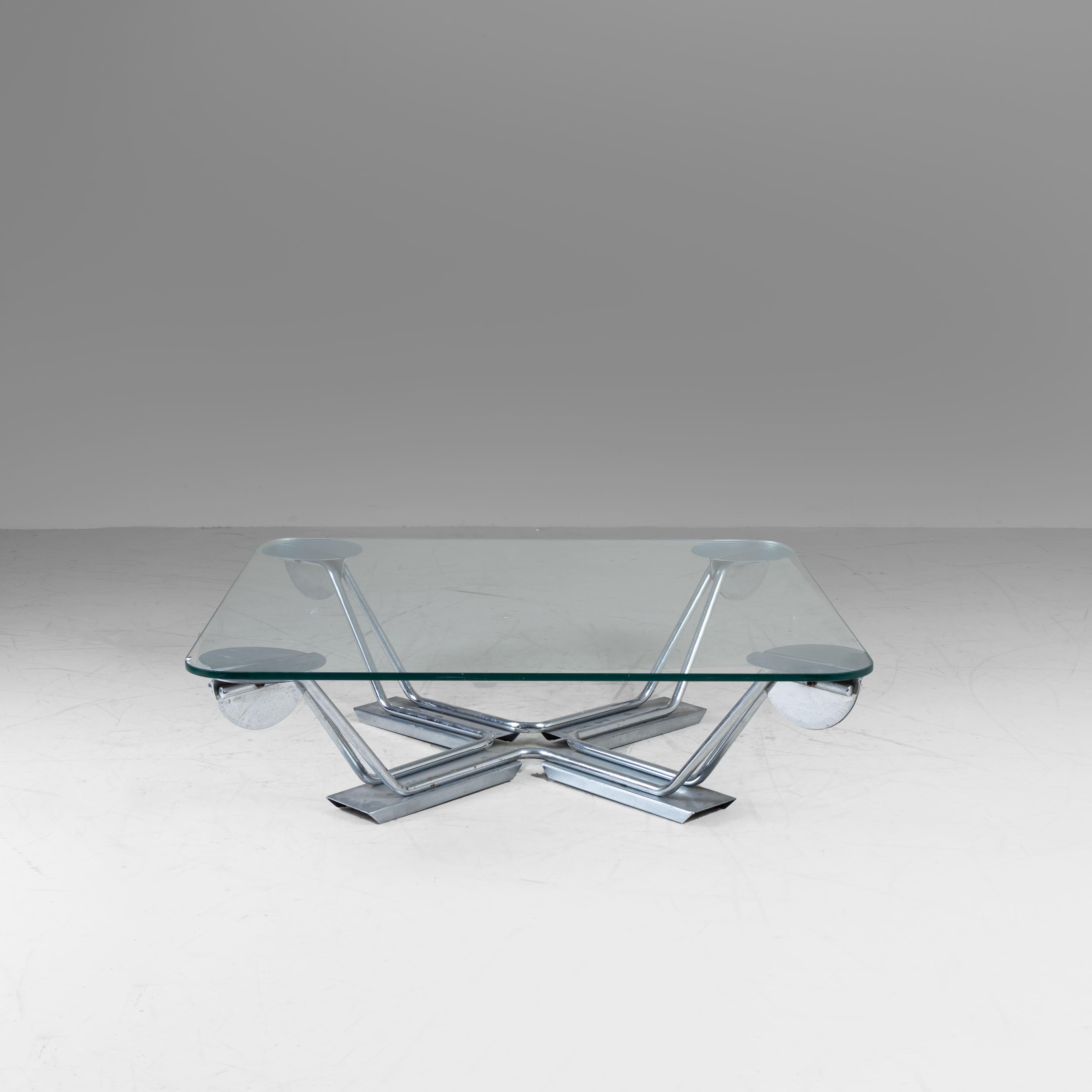 Space Age Large square coffee/low table with glass top and steel frame, 1980 space age For Sale