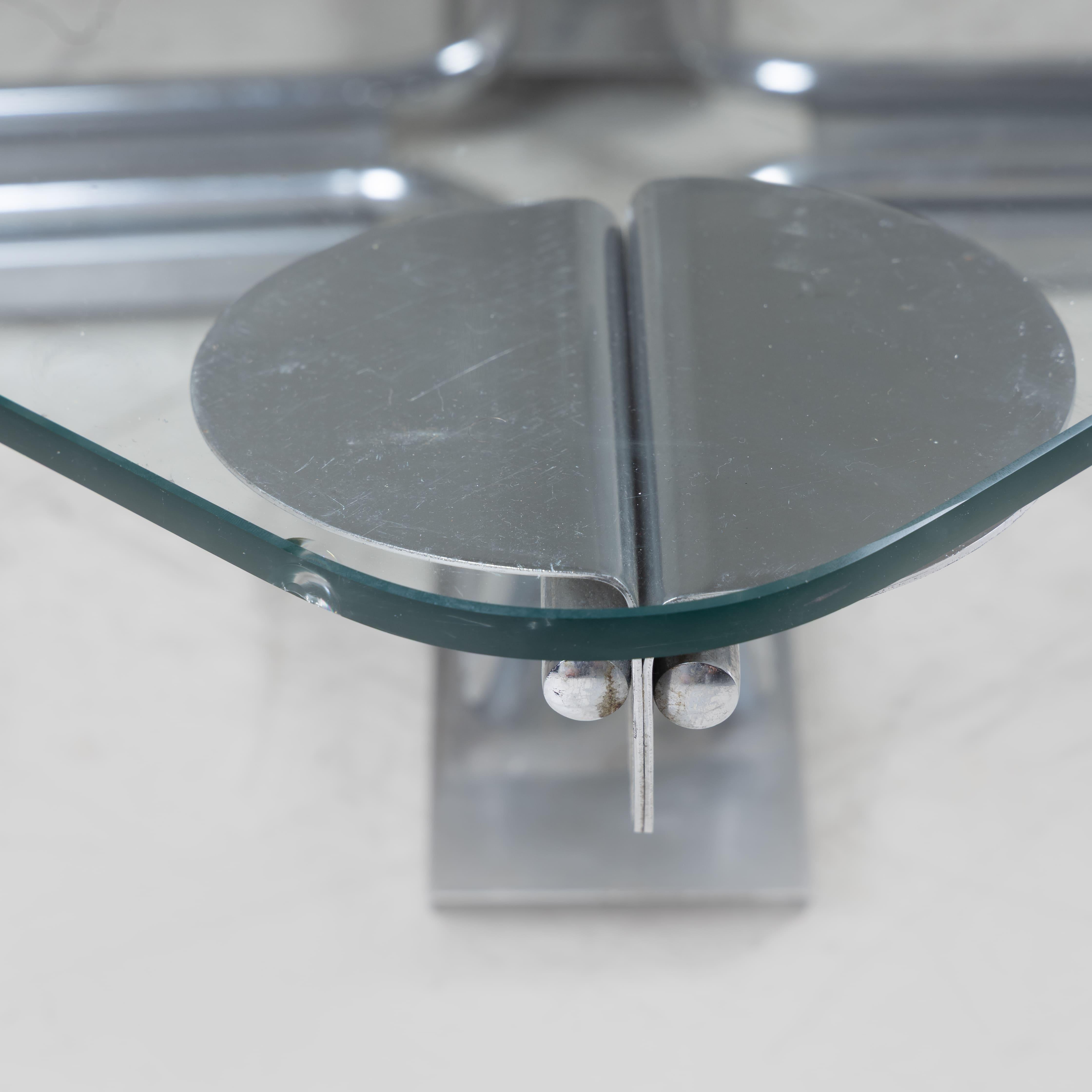 Italian Large square coffee/low table with glass top and steel frame, 1980 space age For Sale