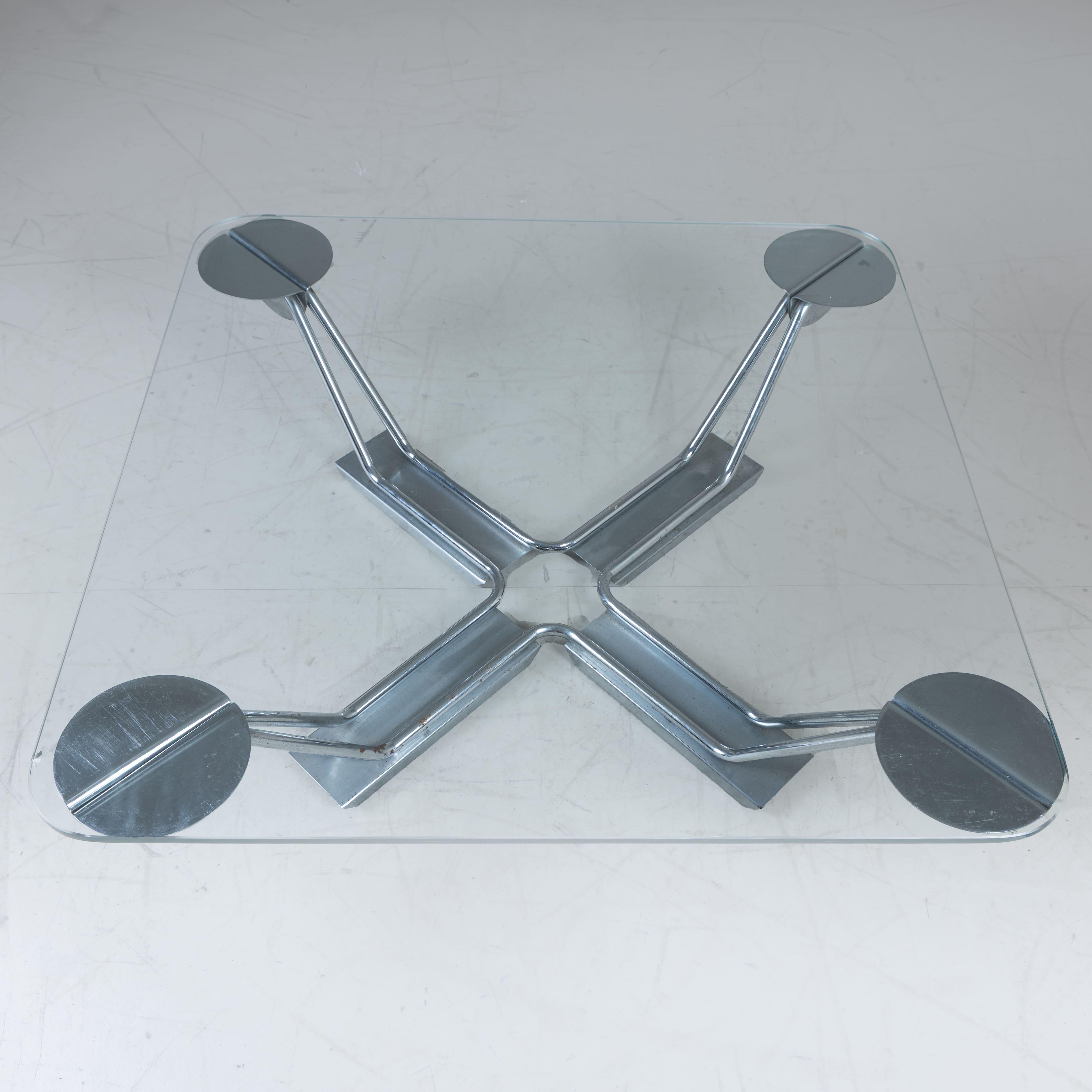 Late 20th Century Large square coffee/low table with glass top and steel frame, 1980 space age For Sale