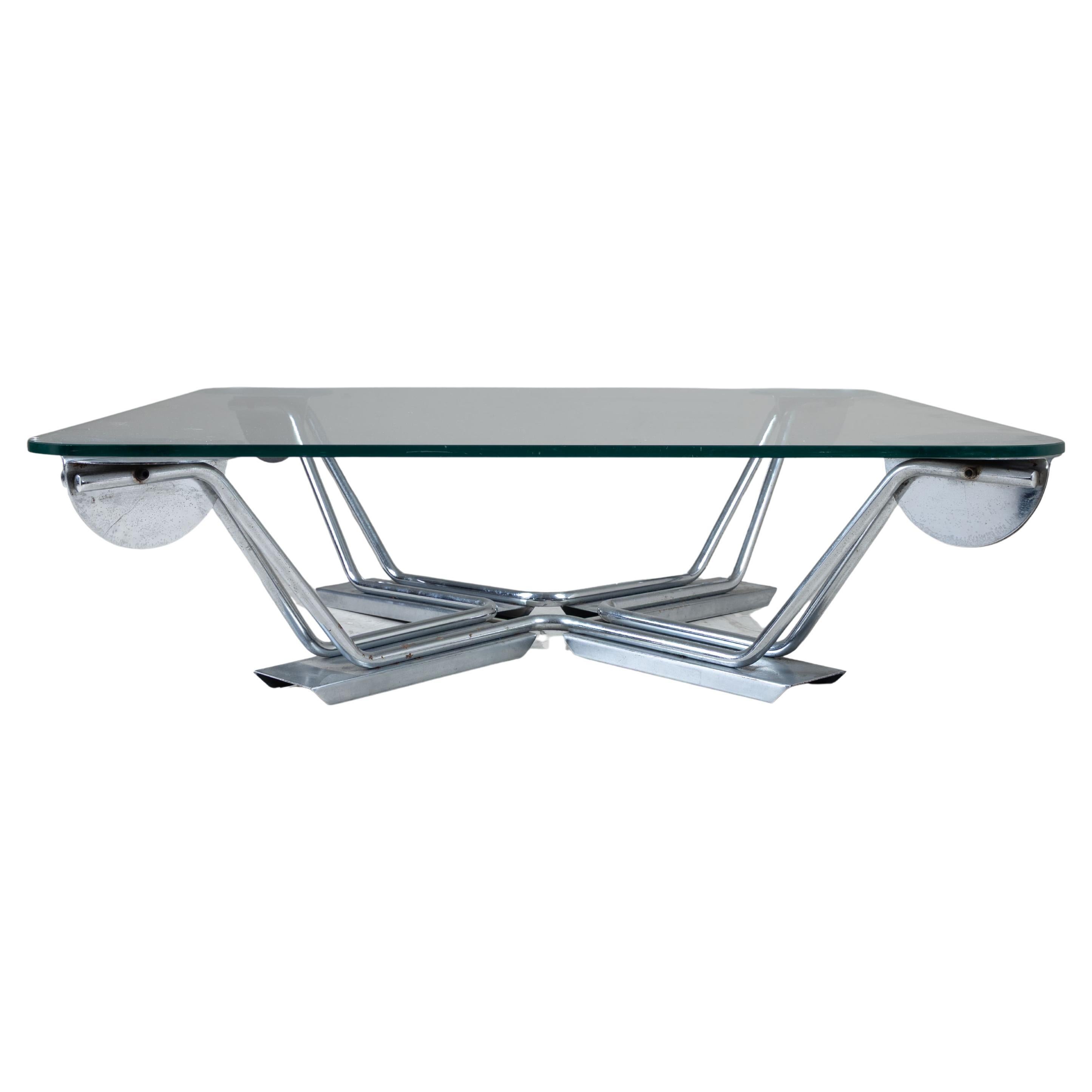 Large square coffee/low table with glass top and steel frame, 1980 space age For Sale