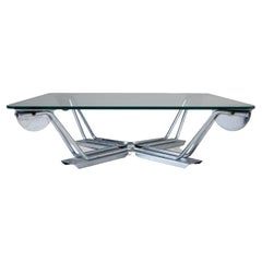 Vintage Large square coffee/low table with glass top and steel frame, 1980 space age
