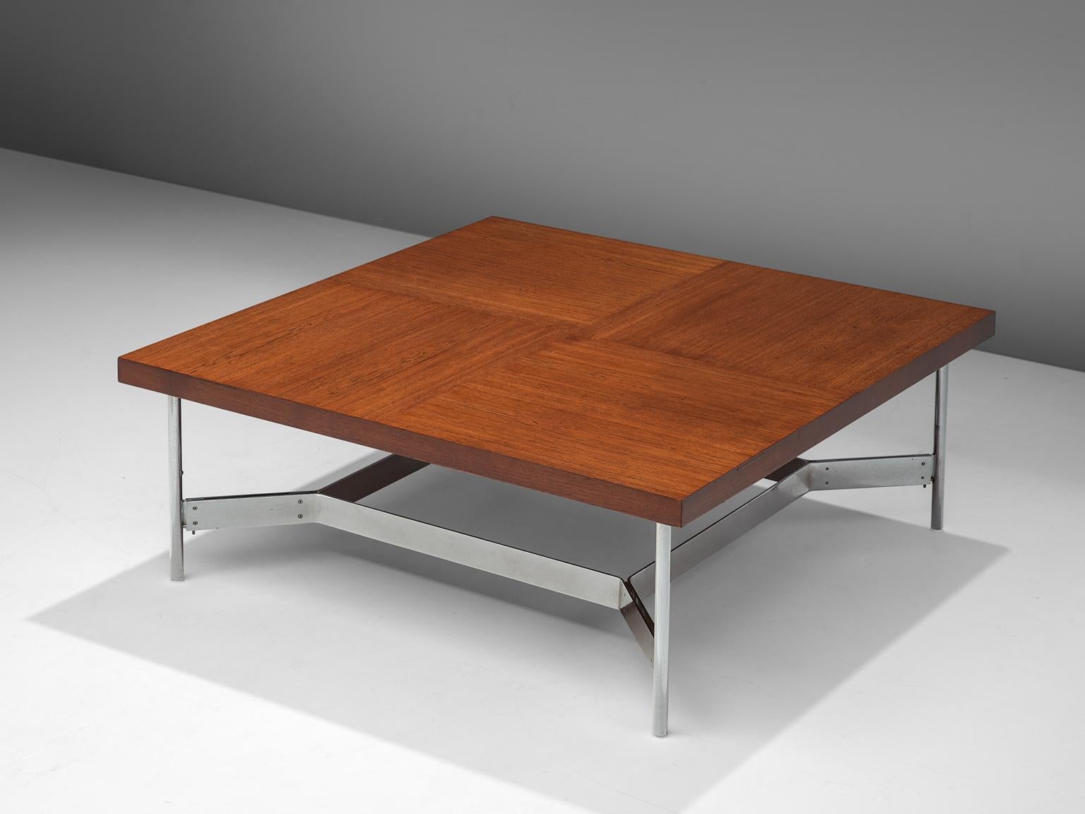 Mid-Century Modern Large Square Coffee Table in Teak and Steel