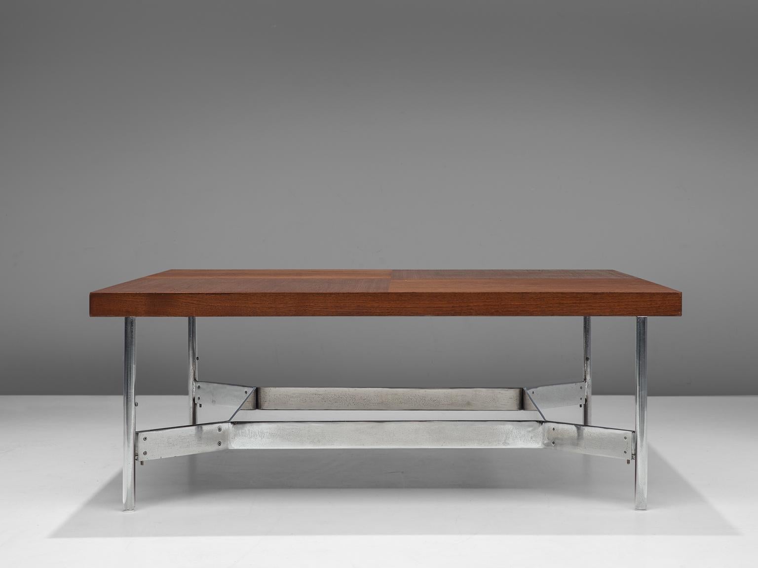 German Large Square Coffee Table in Teak and Steel