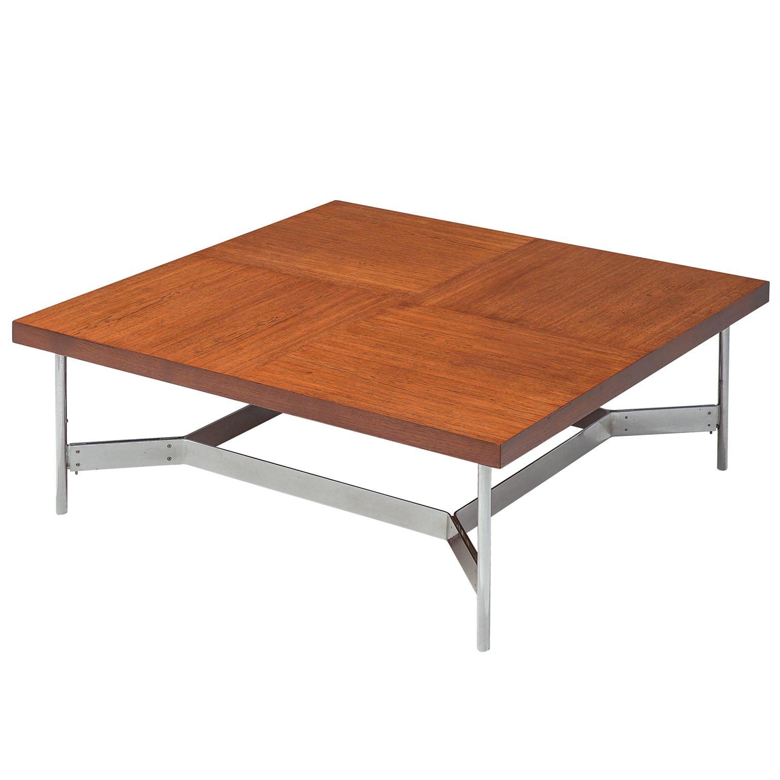 Large Square Coffee Table in Teak and Steel
