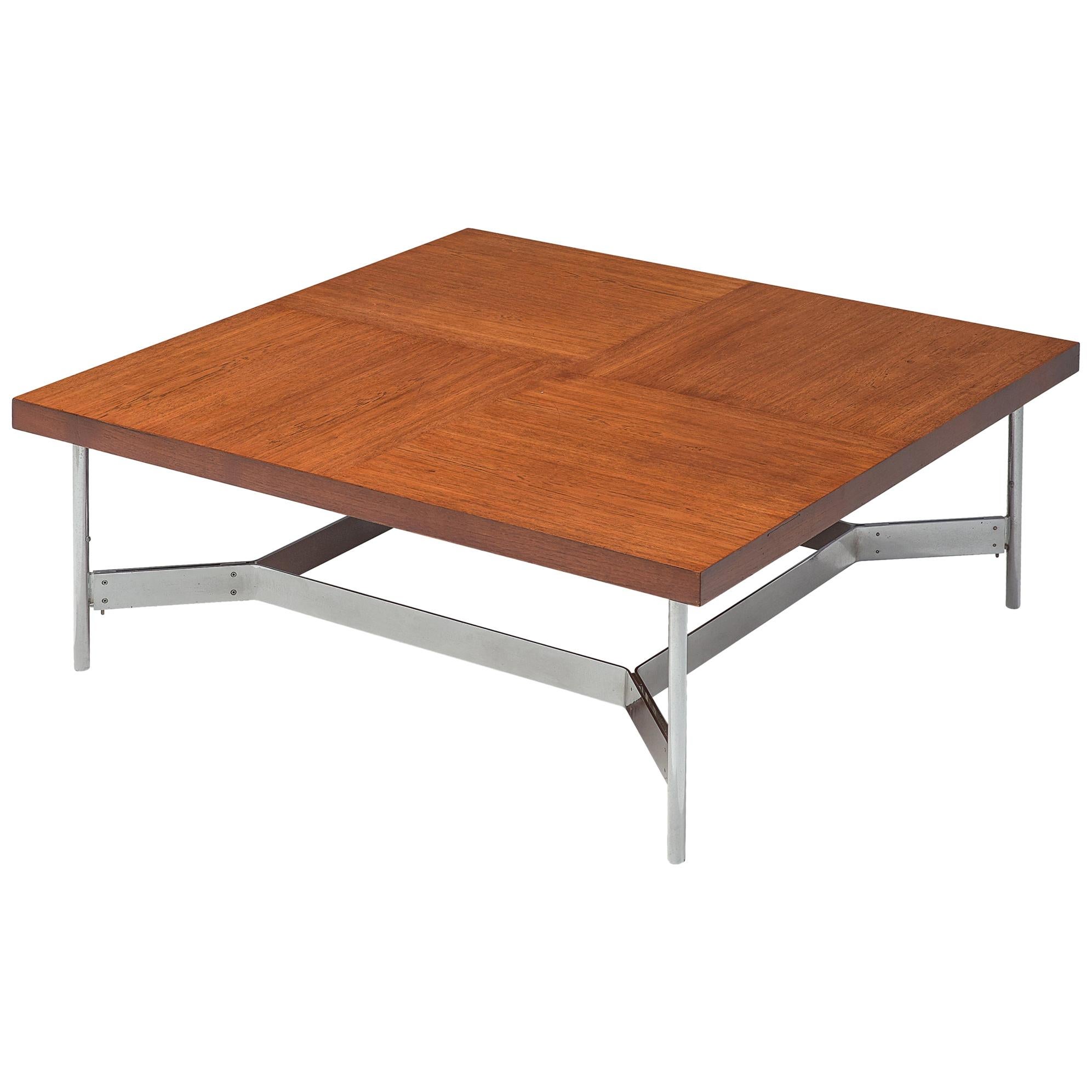 Large Square Coffee Table in Teak and Steel For Sale at 1stDibs