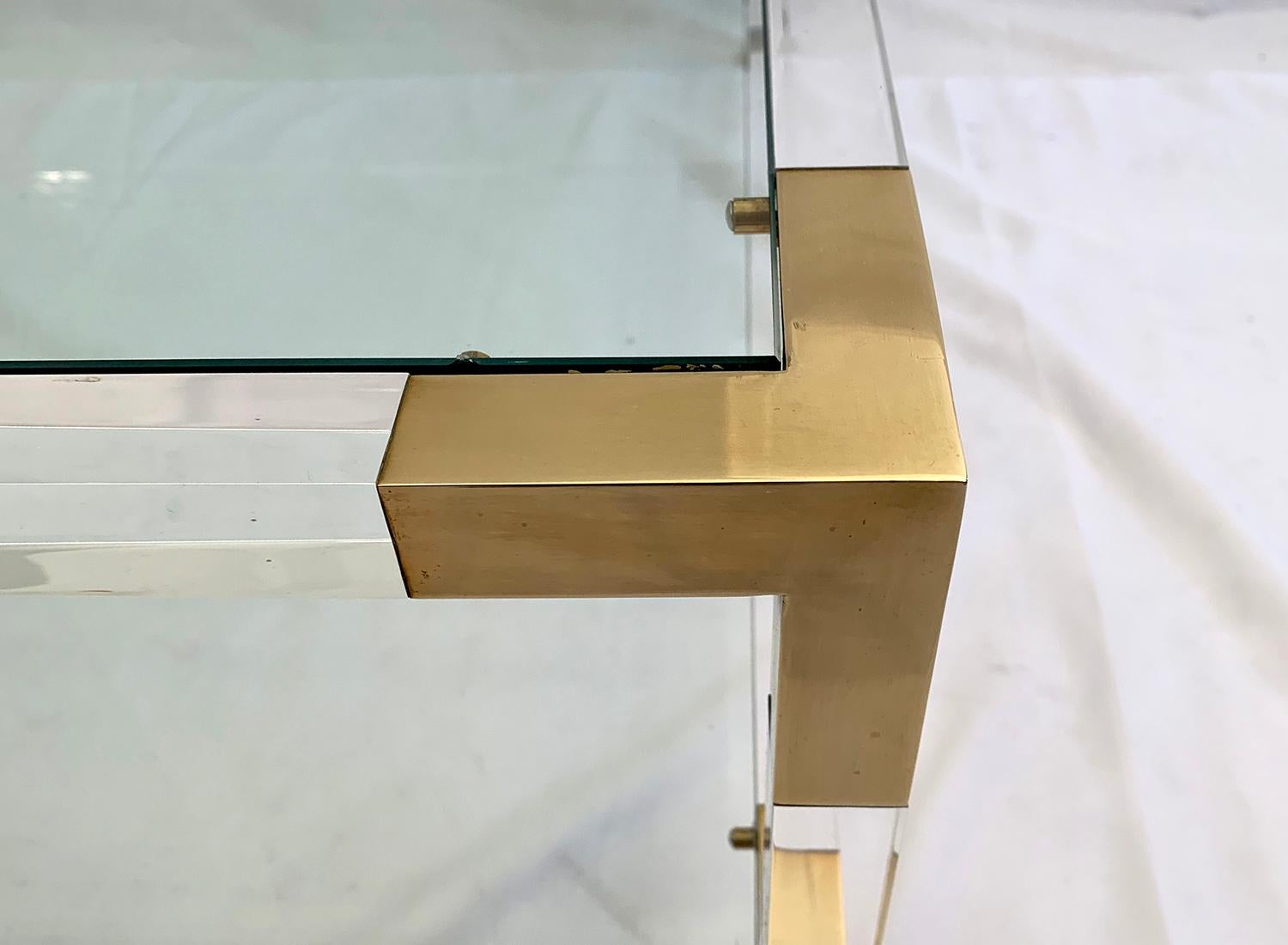 French Large Square Coffee Table, Lucite and Brass, 1970 For Sale