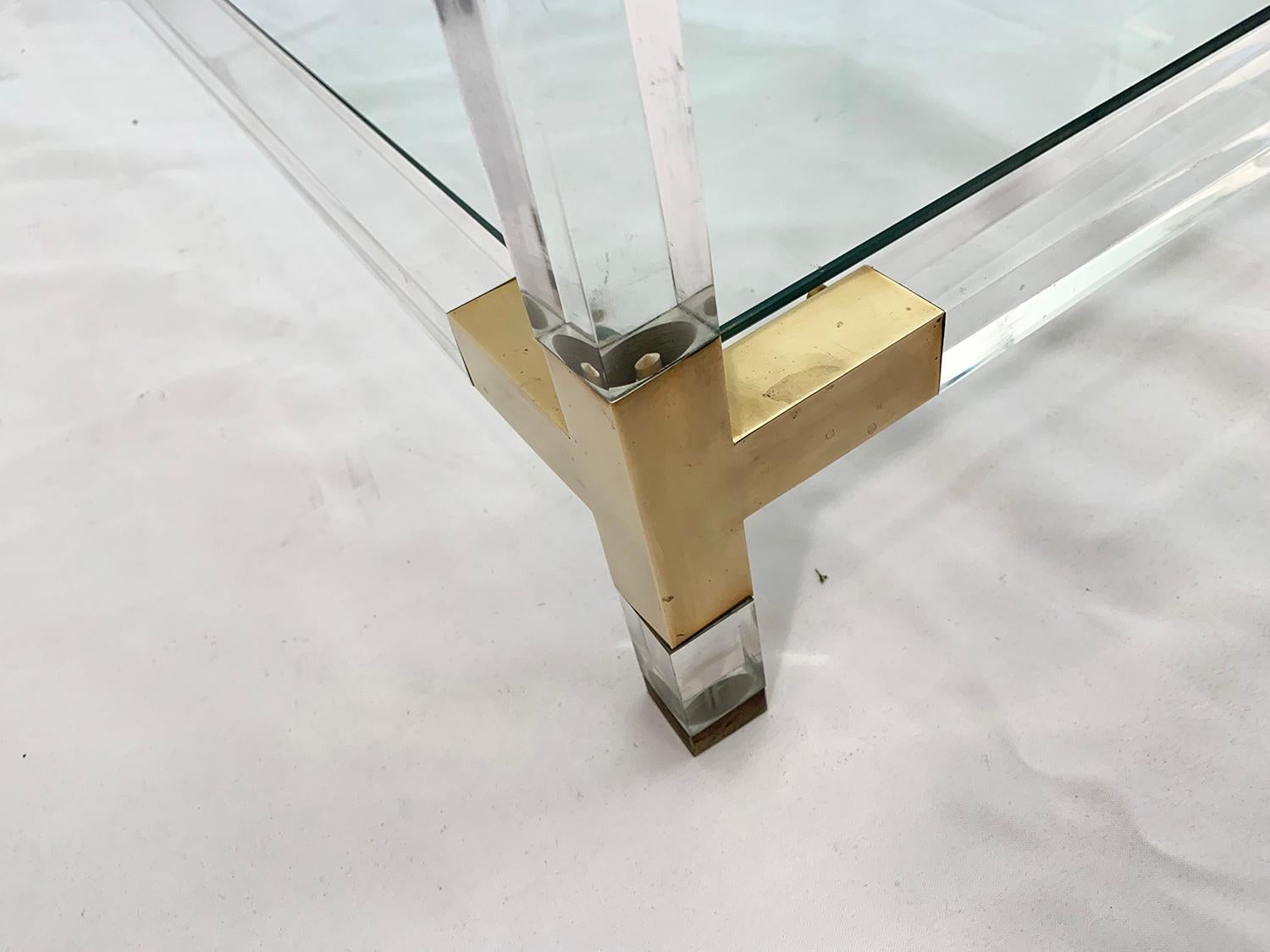 Late 20th Century Large Square Coffee Table, Lucite and Brass, 1970 For Sale