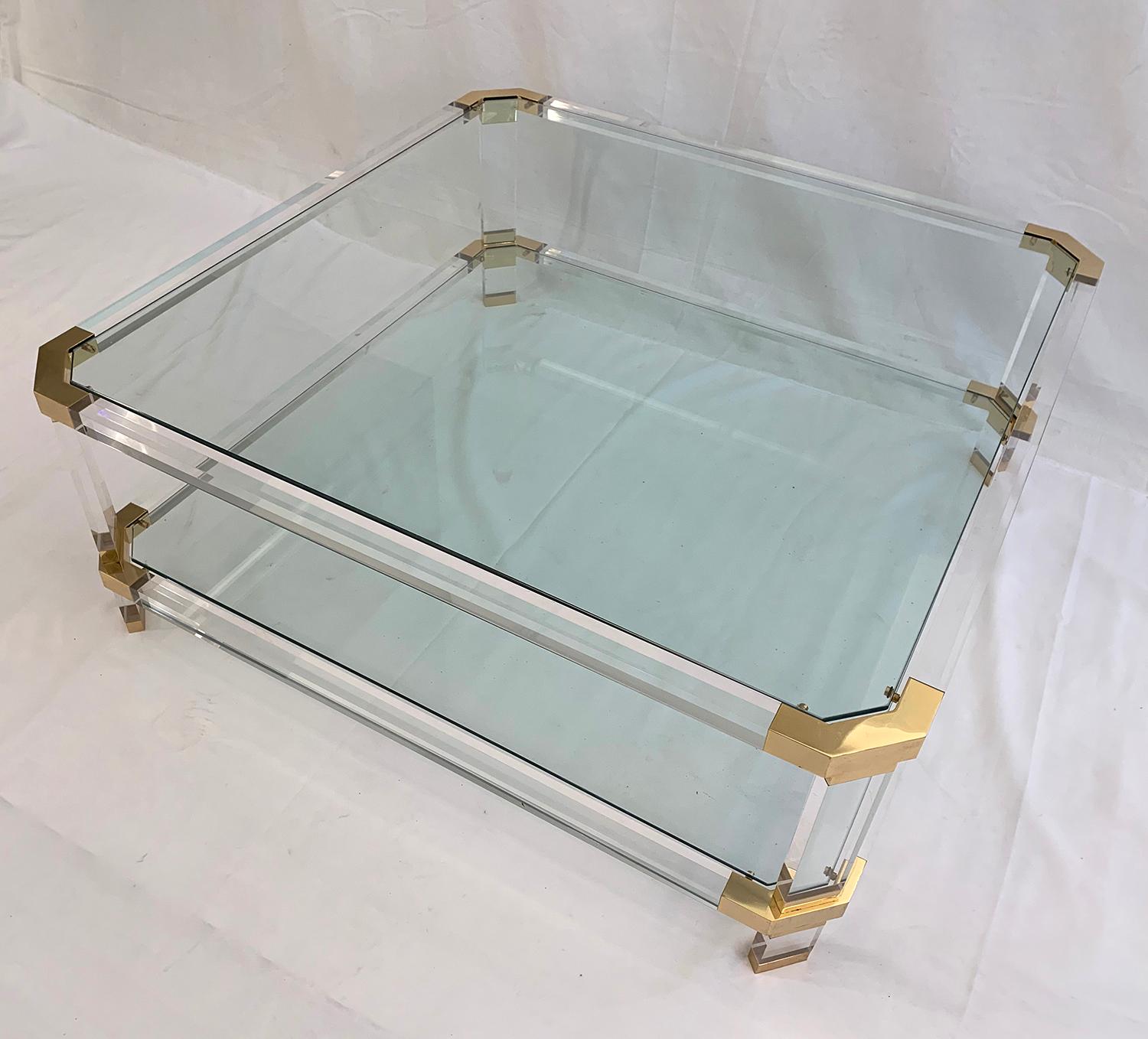 Large Square Coffee Table, Lucite and Brass, Italy, 1970 For Sale 1