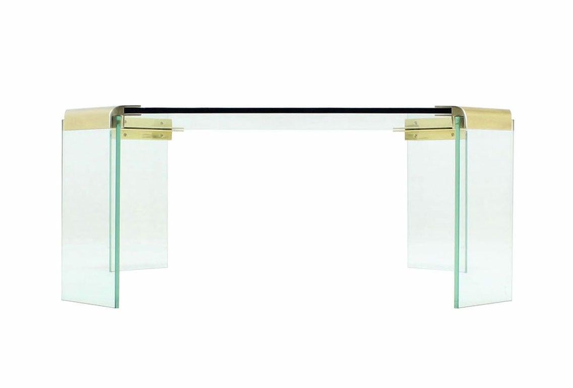 Mid-Century Modern Large Square Cut Corners Style Glass Top & Legs Brass Joint Coffee Table For Sale