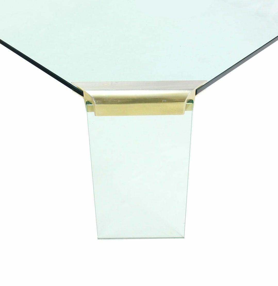 American Large Square Cut Corners Style Glass Top & Legs Brass Joint Coffee Table For Sale