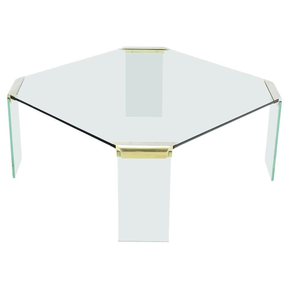 Large Square Cut Corners Style Glass Top & Legs Brass Joint Coffee Table For Sale