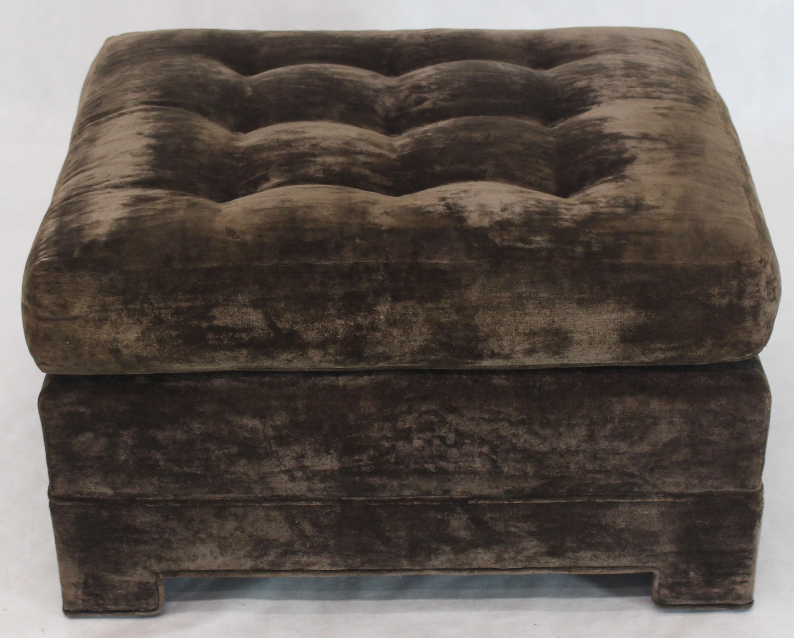 Mid-Century Modern Large Square Deep Bronze Velvet Upholstery Tufted Upholstery Ottoman Footstool For Sale
