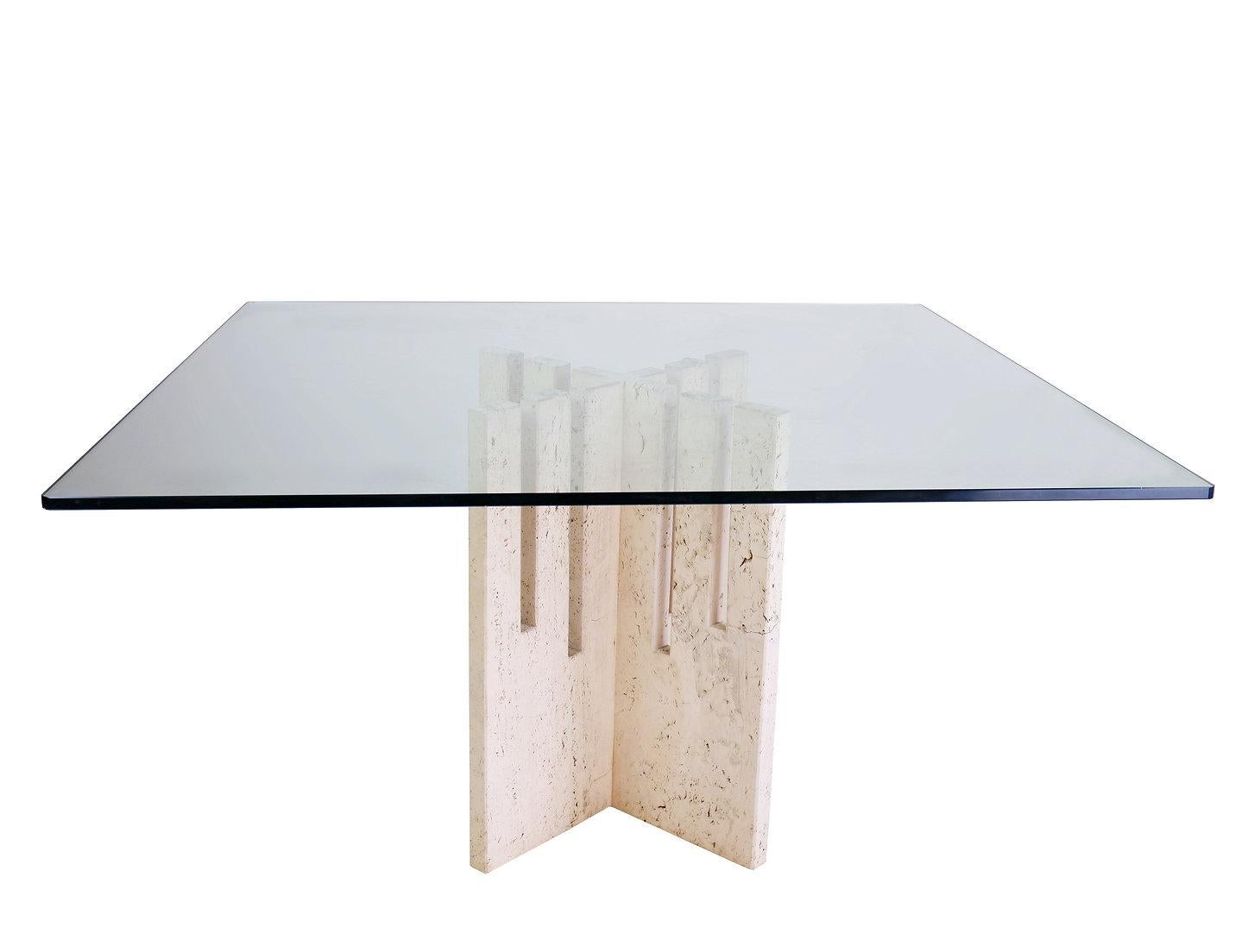 Large Square dining table in travertine and glass - Italy 1970s For Sale 6
