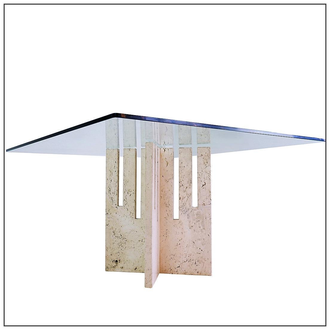 Large Square dining table in travertine and glass - Italy 1970s For Sale 7