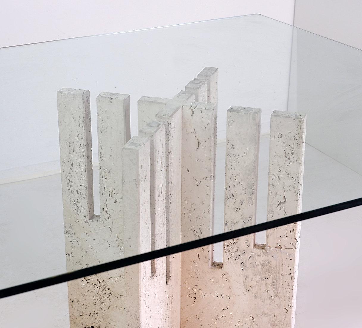 Square dining table in travertine and glass - Italy 1970s
Travertin - Table - Vintage - Mid Century
Measures : 195.5cmx195.5cm
Glass top thickness : 1.5cm 
Wright : 140kg
Materials : Travertin - Glass 
Wear consistent with age and use