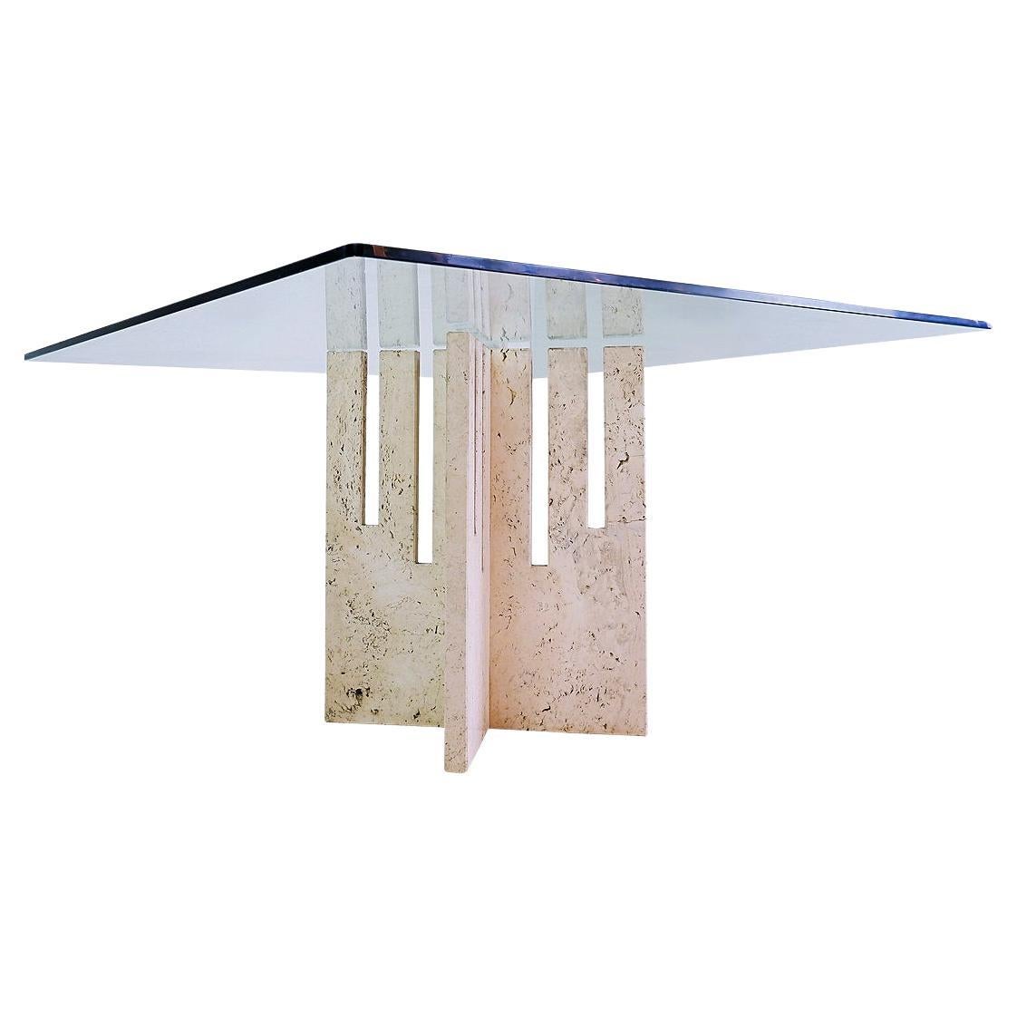 Large Square dining table in travertine and glass - Italy 1970s For Sale